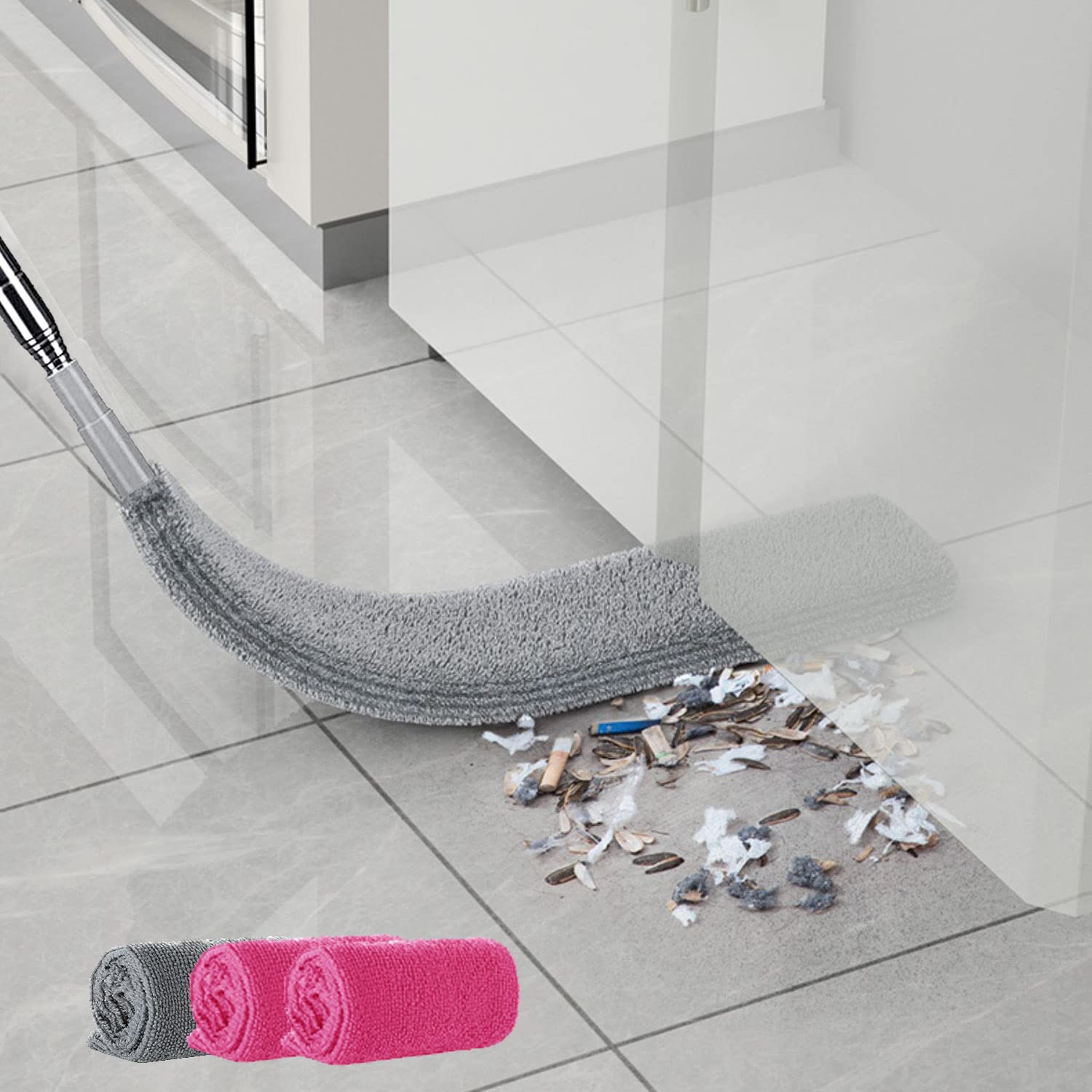 MUOOU Under Appliance Microfiber Duster with Extendable Pole, 100" Telescoping Gap Dust Brush, Long Flat Flexible Duster - 4 Cloth Cover