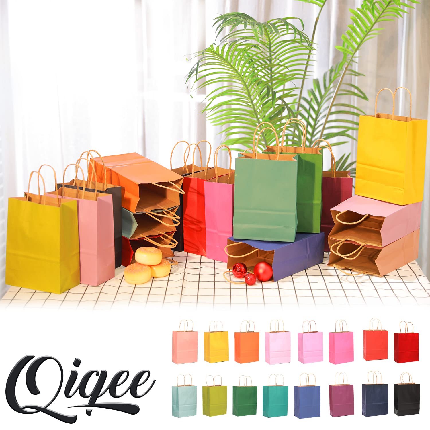 qiqee 60-Packs Paper Bags with Handles Bulk 8.26"×6"×3.15" Small Gift Bags 16 Different Senior Color Bags Multiple Uses(Small Size)