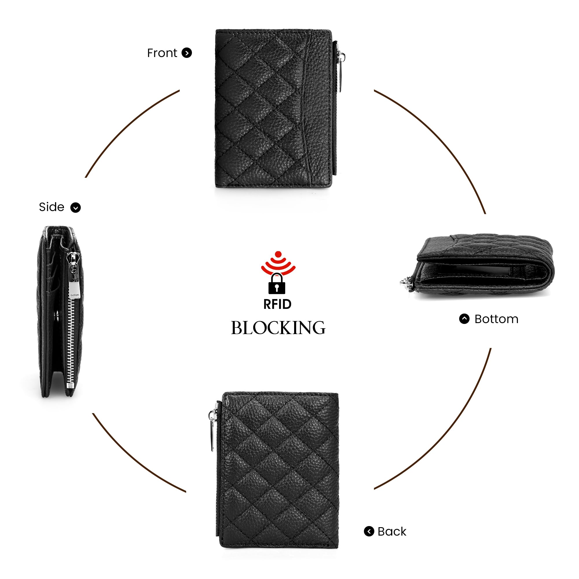 befen Genuine Leather RFID Wallet Women, Small Slim Keychain Wallets with Card Slots, Zipper Coin Holder - Black
