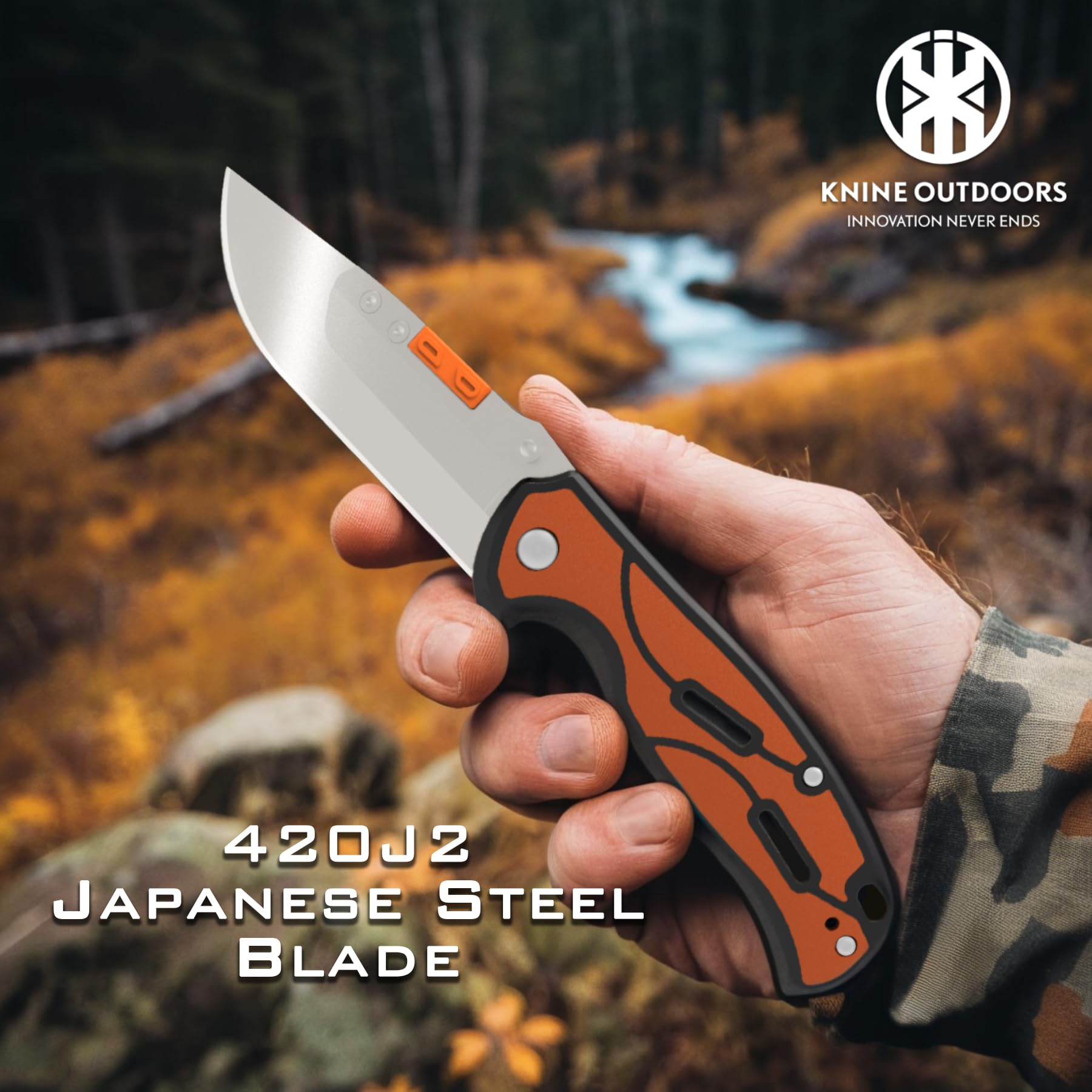 KNINE OUTDOORS Hunting Double Blade Pocket Knife with Replaceable Blades and Clip, Skinning Knife, Gutting Knife, EDC Knife for Deer Hunting, with 9 Blades (Orange)
