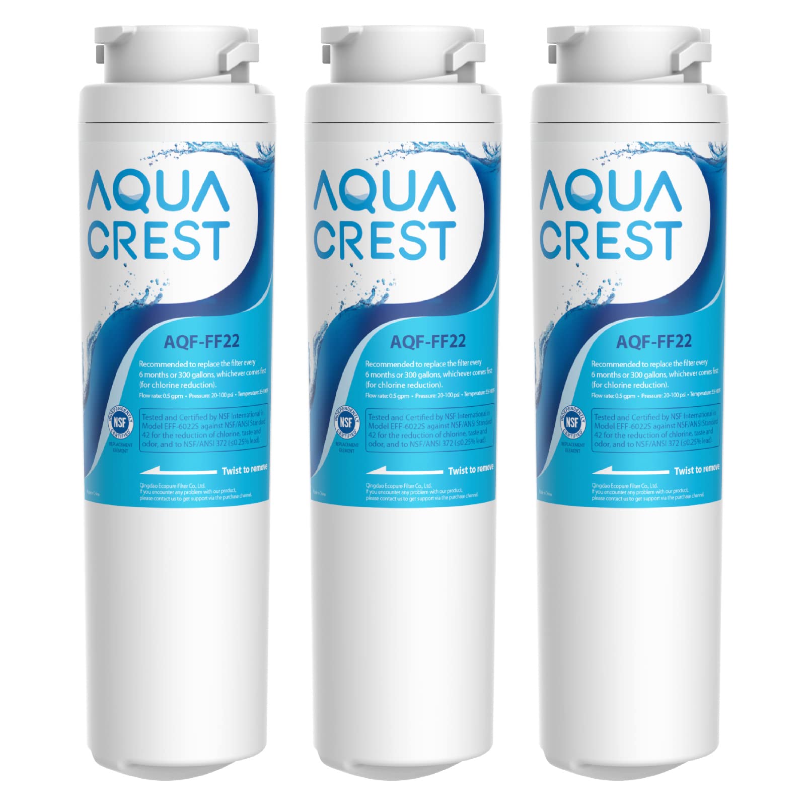 AQUA CREST AQF-FF22 Refrigerator Water Filter, Replacement for GE® MSWF SmartWater 101821B 101820A (Pack of 3)