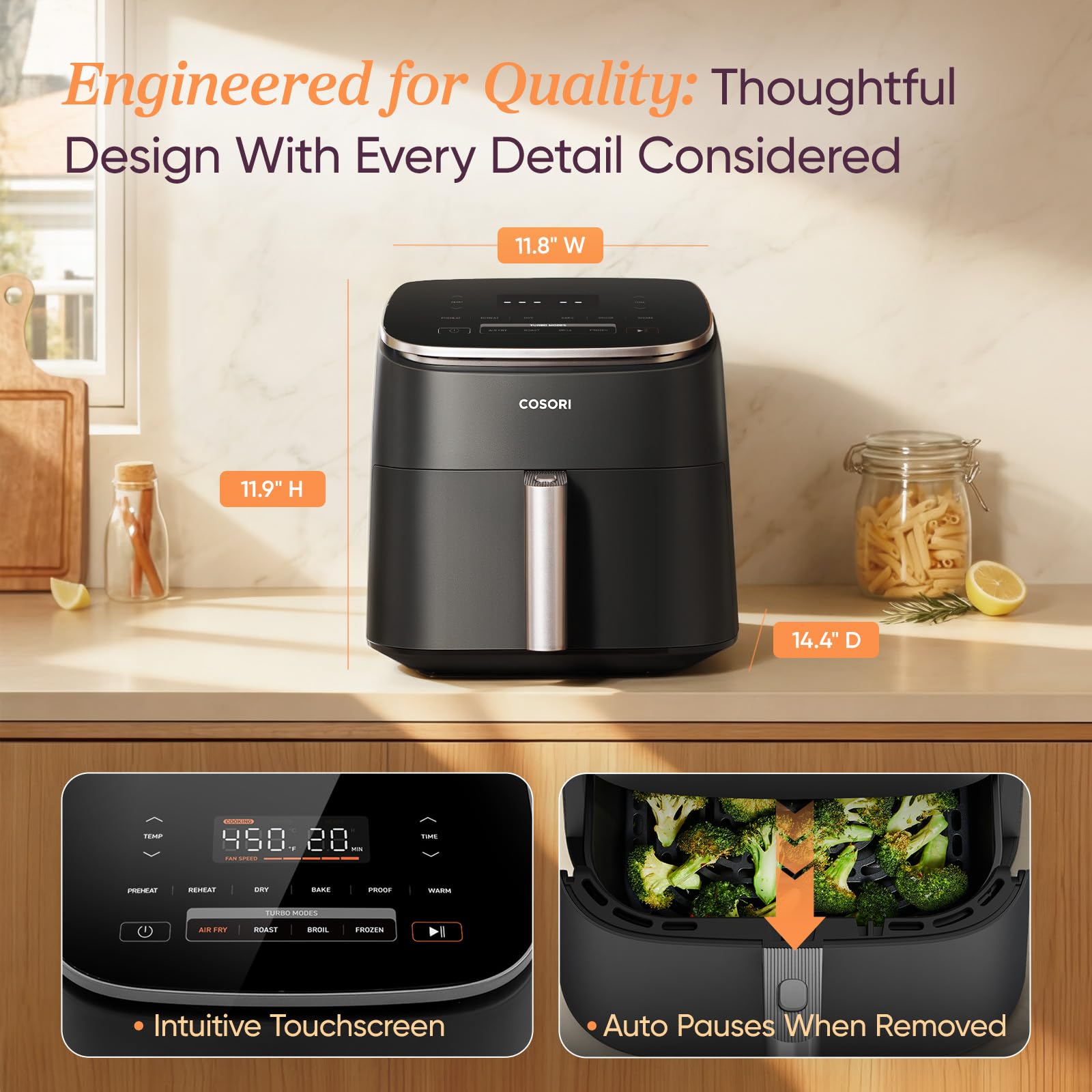 Cosori 9-in-1 TurboBlaze Air Fryer 6 Qt, Premium Ceramic Coating, 90°ā450°F, Precise Heating for Even Results, Air Fry, Roast, Bake, Broil, Dry, Frozen, Proof, Reheat, Keep Warm, 120V, Dark Gray