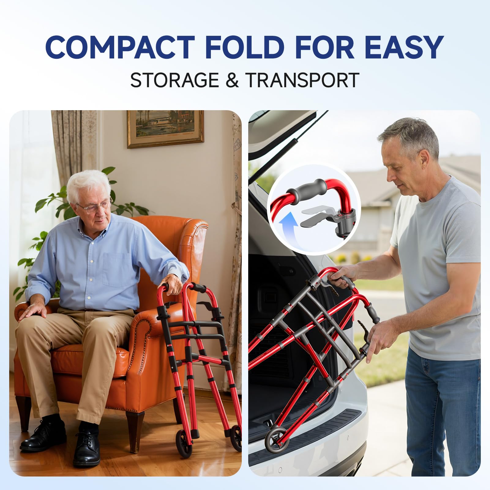 Loyoda Walkers for Seniors Foldable, Aluminum Lightweight Walker with Wheels, Adjustable Height & Width Standard Walkers for Elderly & Disabled, 350 lbs Capacity, Red