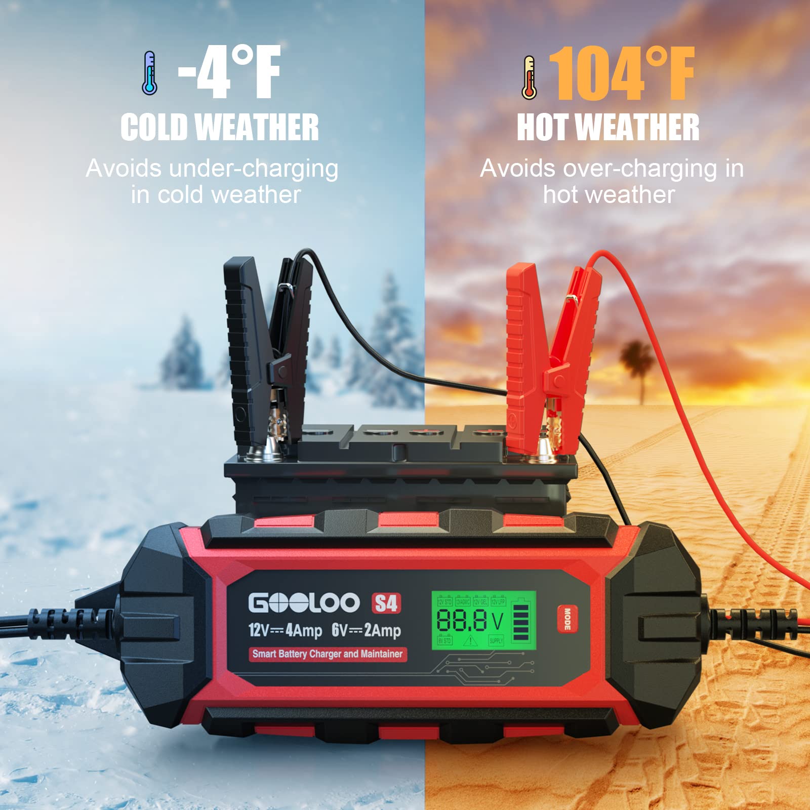 GOOLOO S4 4 Amp Car Battery Charger Automotive, 6V/2A 12V/4A Smart Trickle Charger Maintainer with Supply Mode, Automatic Motorcycle Battery Charger for Truck Lawn Mower RV Boat Lead-Acid Battery