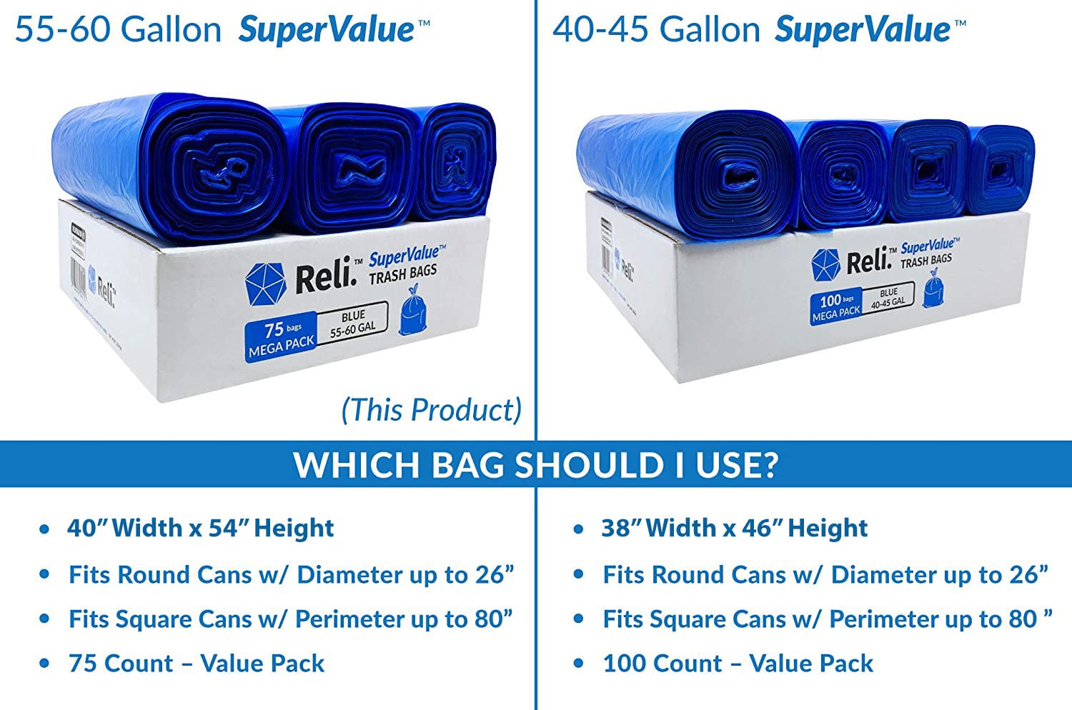Reli. SuperValue 55-60 Gallon Recycling Bags | 75 Count | Blue Trash Bags | Made in the USA