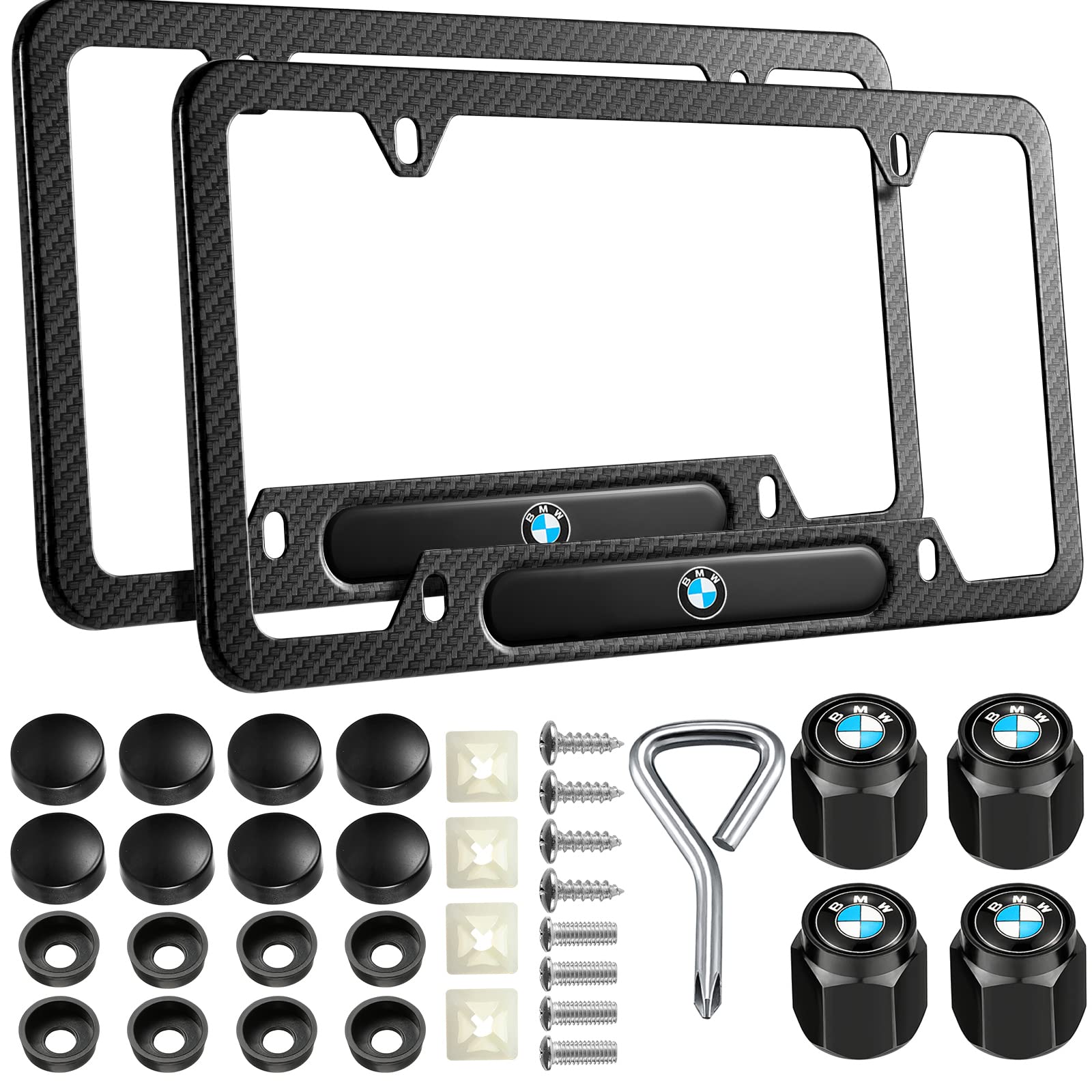 Black License Plate Frames for BMW, 2PCS Carbon Fiber Printing License Plate Holder Bracket, Premium Aluminum Alloy Weather Proof License Plate Covers with Screw Caps Cover Set Car Accessories