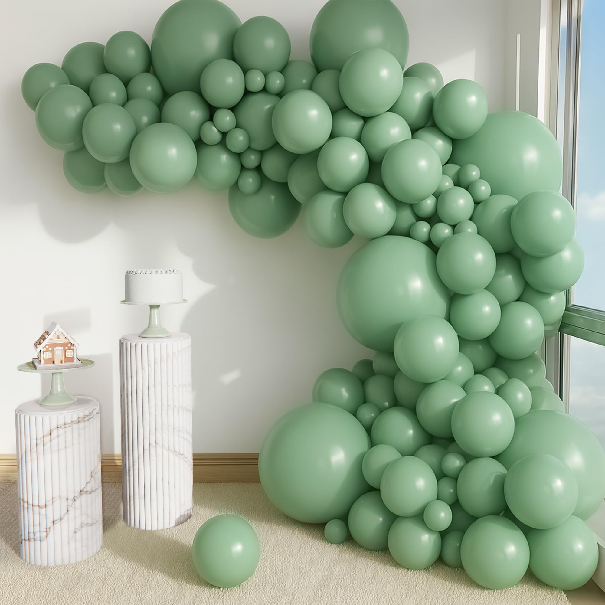Balloon Garland Arch Kit – 146 Pcs Sage Green Balloons & Baby Shower Boxes with Letters – White Boxes with Sage-Green, Gold, Gold Confetti, and White Balloons