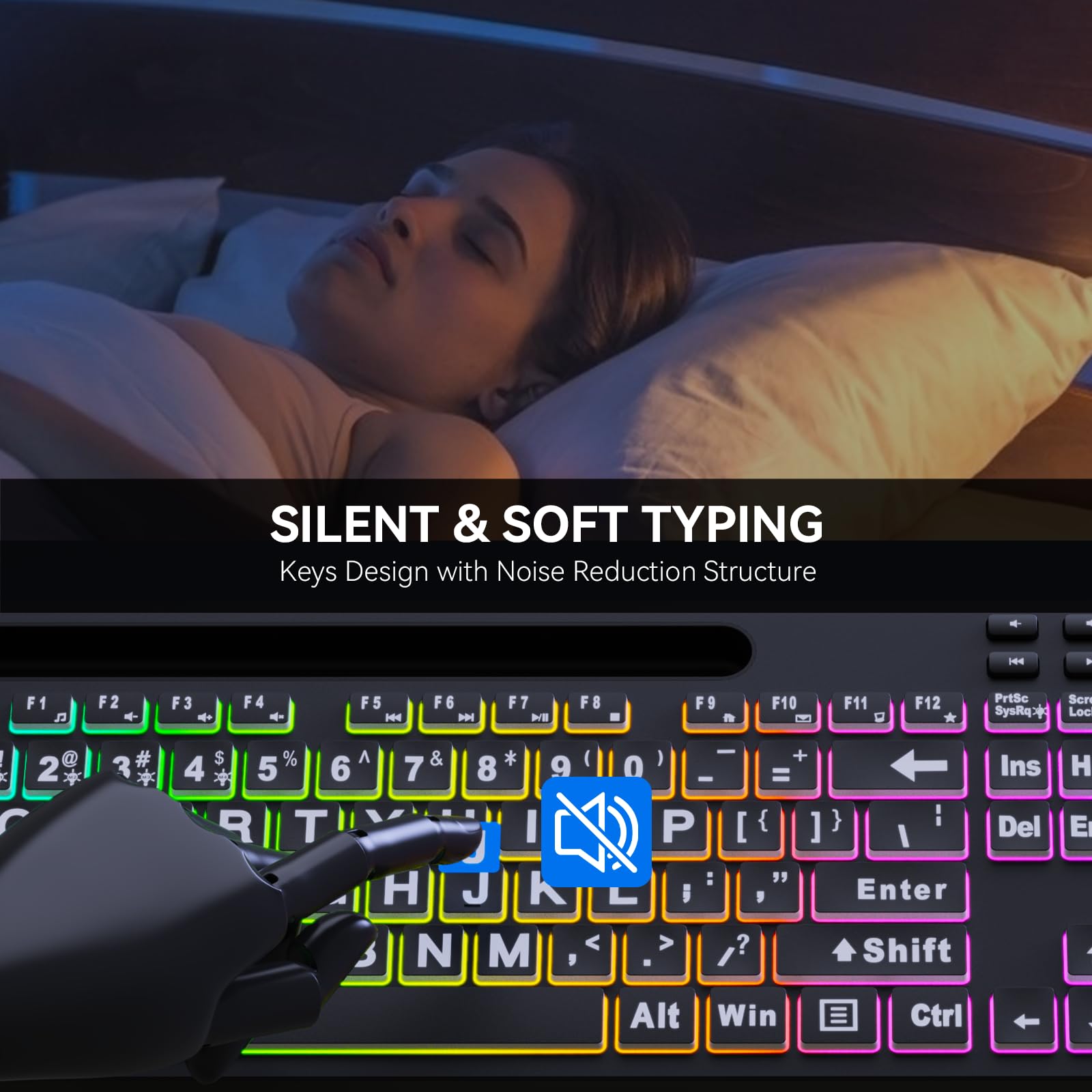 MARVO Large Print Backlit Keyboard, WK712 Wired Computer Keyboard with 7 Colors & 11 Modes Backlight, Silent Light Up Keyboard with Tablet Phone Holder, Full-Size Gaming Keyboard for Windows, Mac