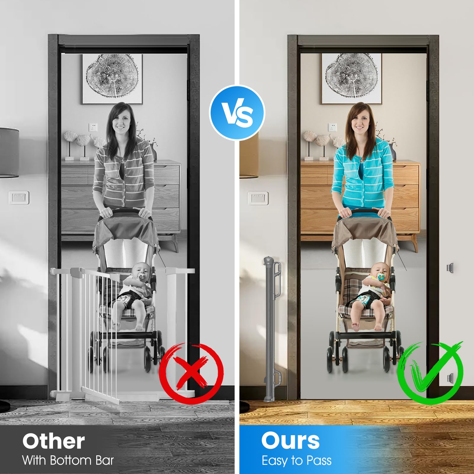Spaceany Retractable Safety Baby Gate or Mesh Dog Gate,Durable Portable Mesh Retractable Gate,Easy to Use for Stairs, Doorways,Hallways, Indoor, Outdoor, 33.5" Tall, Extends to 55" Wide Gray