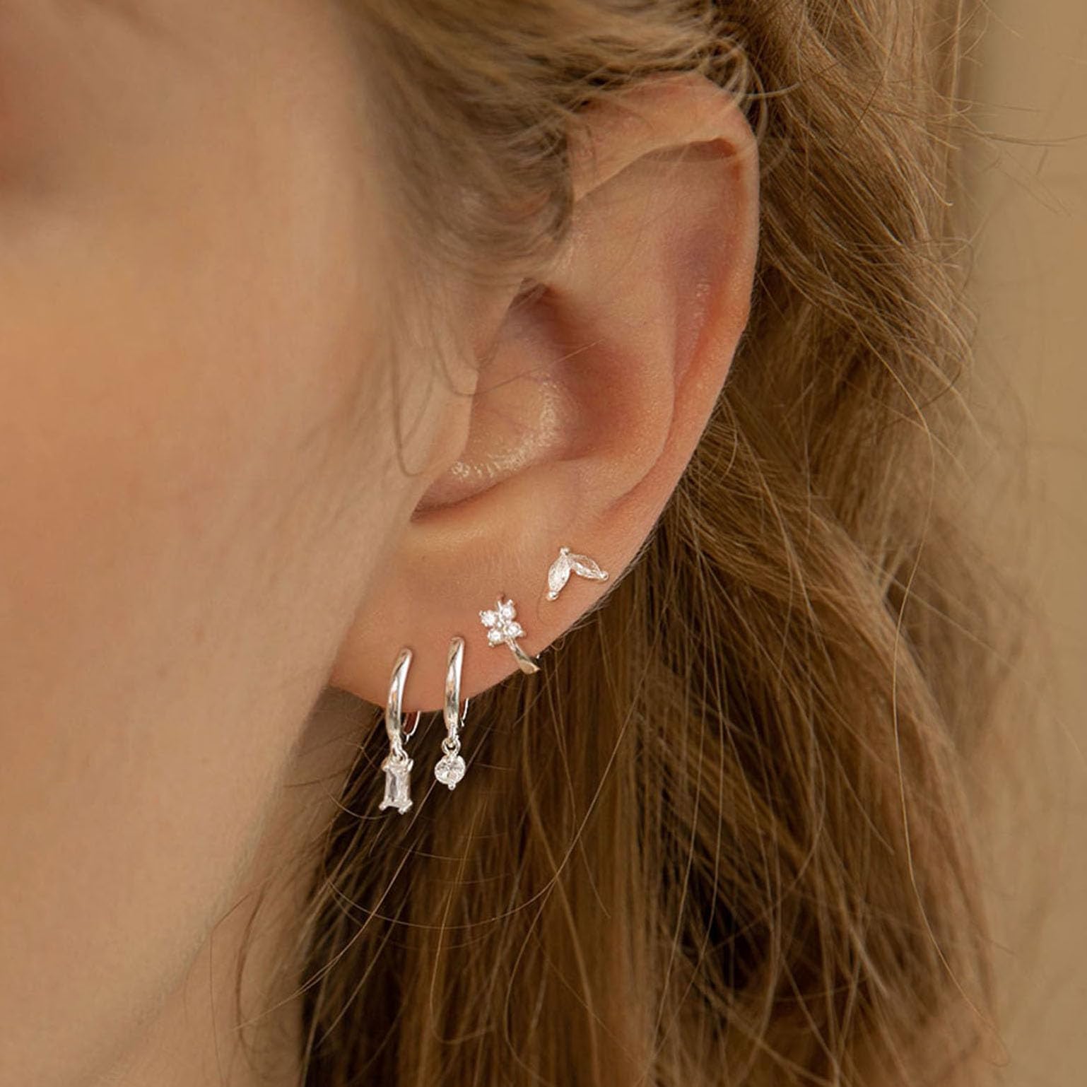 Cuzmly Silver Earrings Set for Women, Dainty Huggie Hoop Earrings 925 Sterling Silver Lightweight Cartilage Earrings Trendy Hypoallergenic Small Multiple Piercing Diamond Earrings Silver Jewelry Gifts