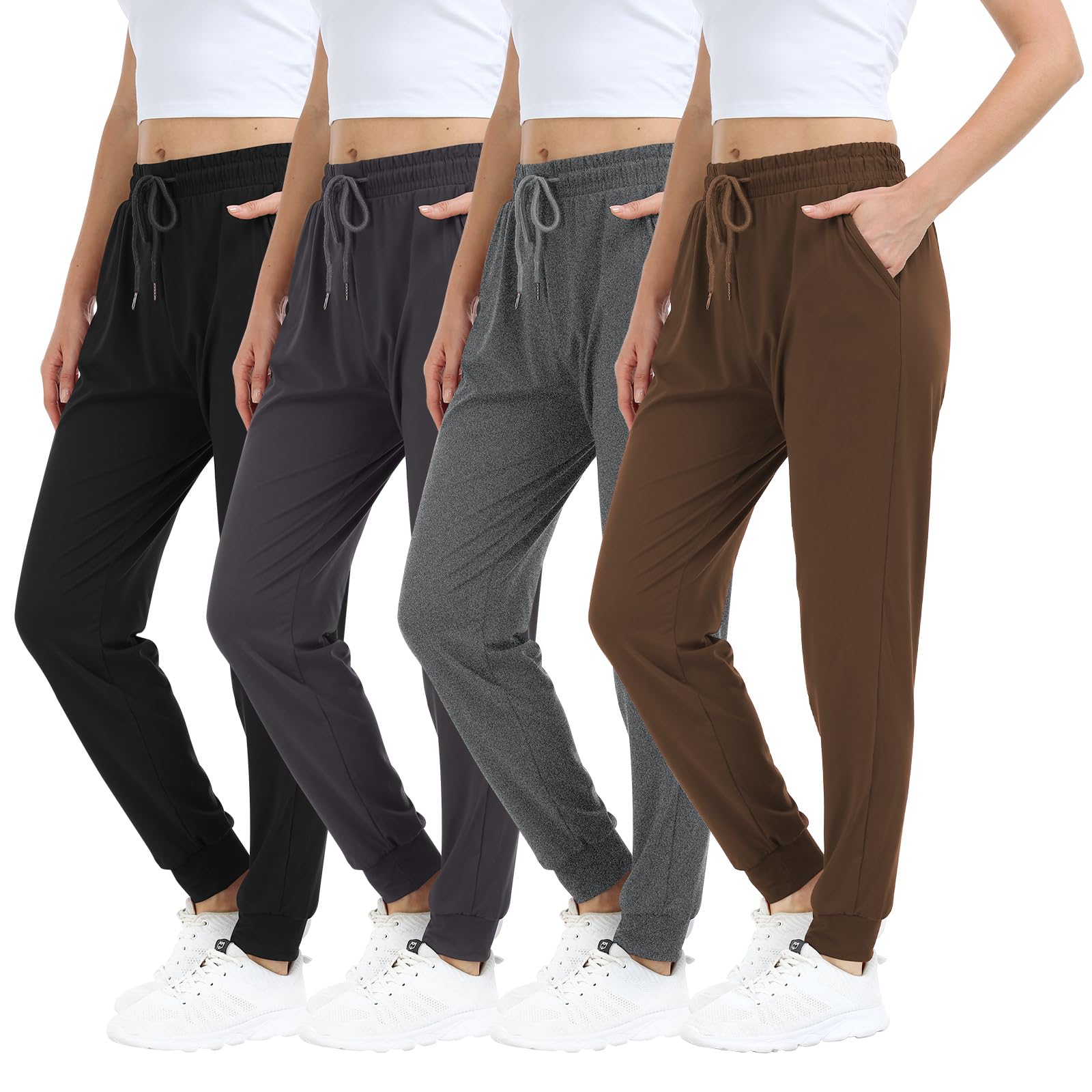 Mgput 4 Pack Women's Joggers Pants with Pockets-Women Lightweight Sweatpants for Running Yoga Athletic Casual Pants(TYP601-1XL/2XL-B/MGR/GR/BRO)