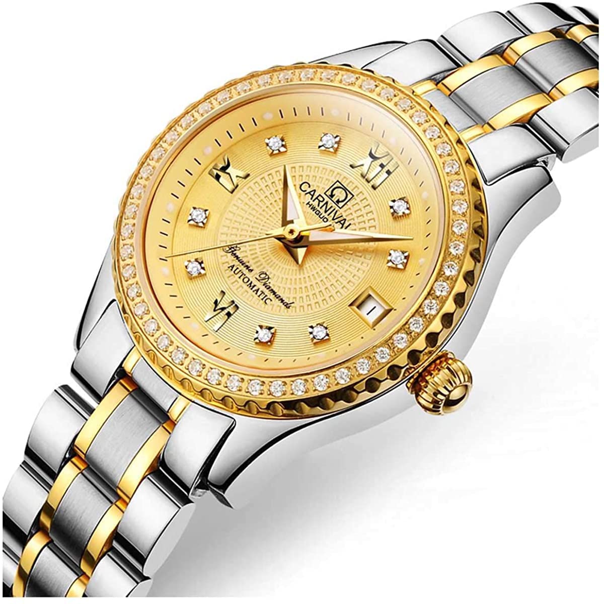 BESTKANG Luxury Watches Automatic Women's 50M Waterproof Calendar Stainless Steel Mechanical Watch Self Winding (Two Tone Gold)
