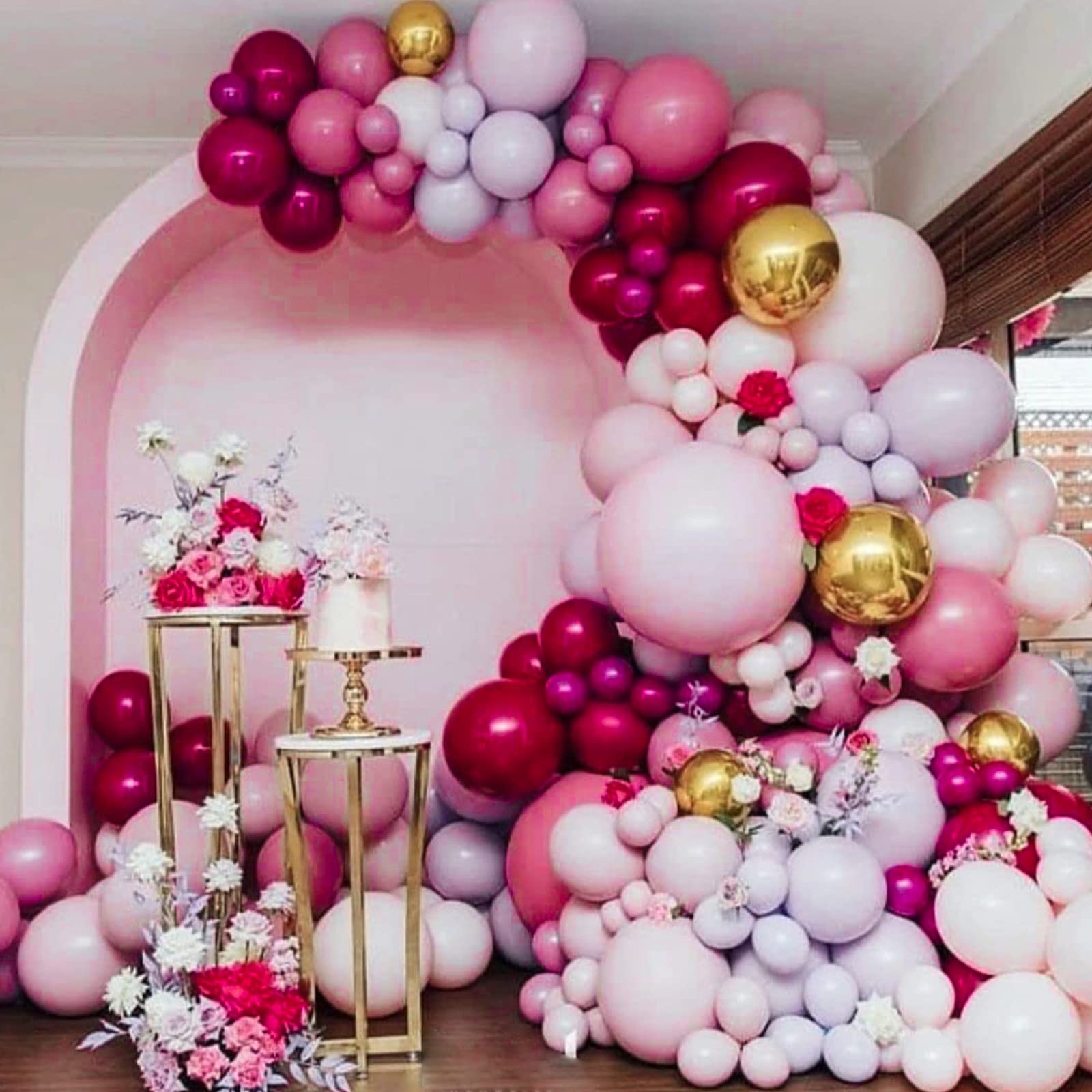 PartyWoo 140 pcs Burgundy & Pink Balloon Kit - Burgundy, Gold, Pastel & Dusty Pink Balloons for Birthday & Wedding Decorations