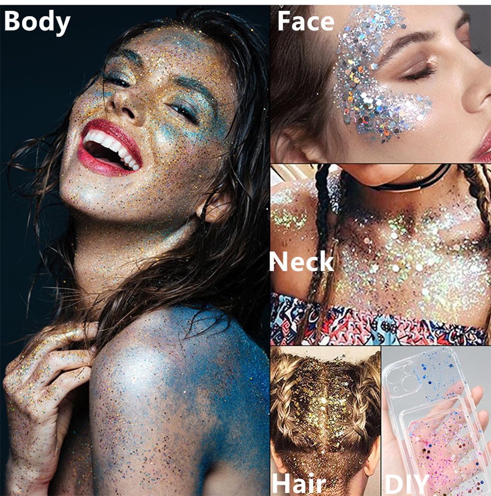 Go Ho Blue Face Body Glitter,Singer Concerts Blue Face Paint Glitter Makeup,Holographic Chunky Sequins Glitters for Eye Lip Hair Nails,Festival Glitter Rave Accessories,01 Blue Glitter 52g