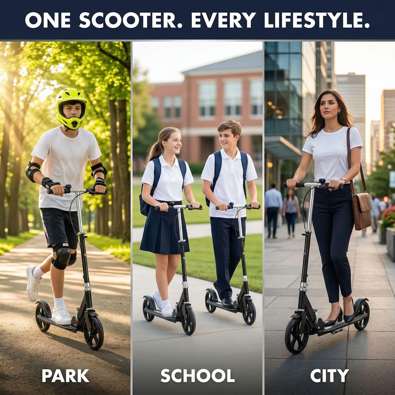 Scooters for Kids 9-25, Teens & Adults - Foldable Commuter Scooter with Bell, Hand Brake & Adjustable Height, 260 LB Weight Capacity, Perfect for School, Campus, Park Rides