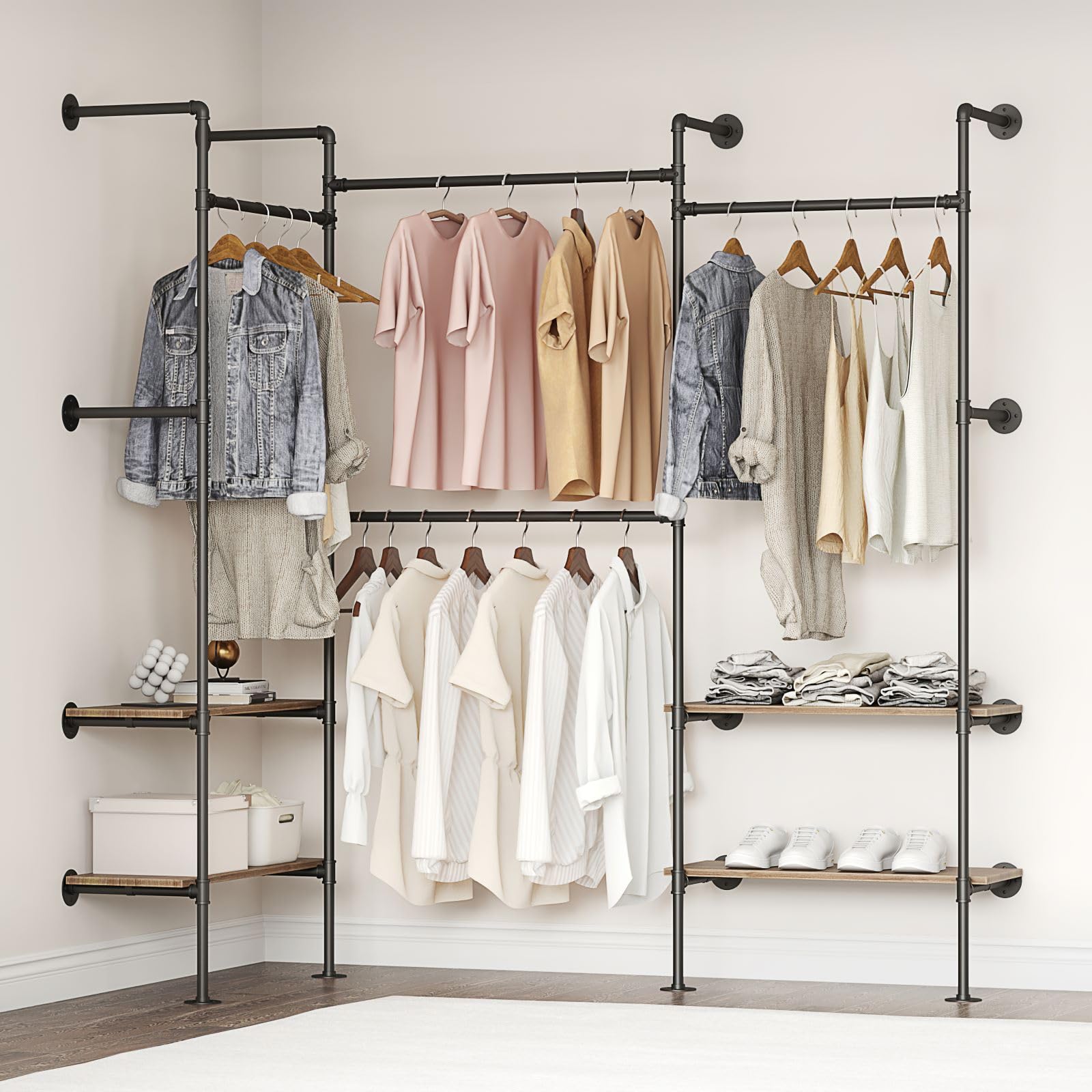 Woskar Industrial Pipe Clothing Rack, Wall Mounted Clothes Rack for Hanging Clothes, Retail Display Rack with Shelves, Add Corner installation Method (Black, III-2Tier)