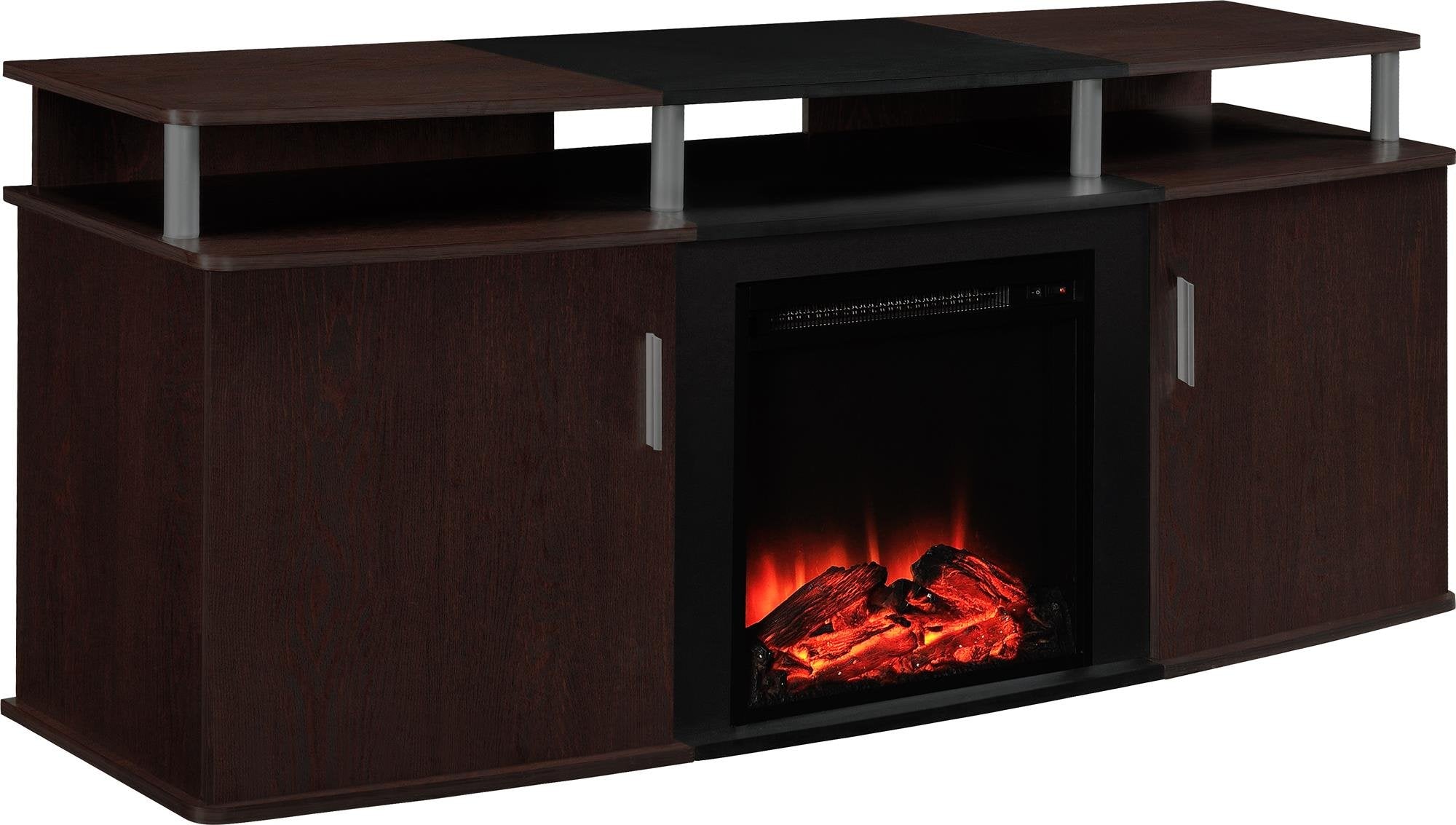 Ameriwood Home Carson Fireplace TV Stand for TVs up to 70 Inch, Replaceable Electric Fireplace Insert Heater, Realistic Log and Flame Effect, for Living Room or Bedroom, Cherry
