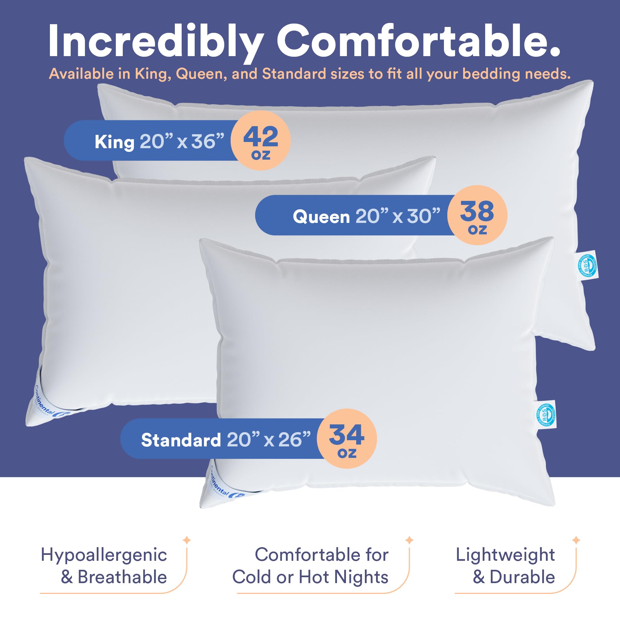 Continental Bedding Luxury Goose Feather Down Pillows Queen Size Pack of 1 - Family Made in New York - Breathable Bed Pillows for Sleeping, Back, Side, Stomach Sleepers - 50/50 Comfort and Support