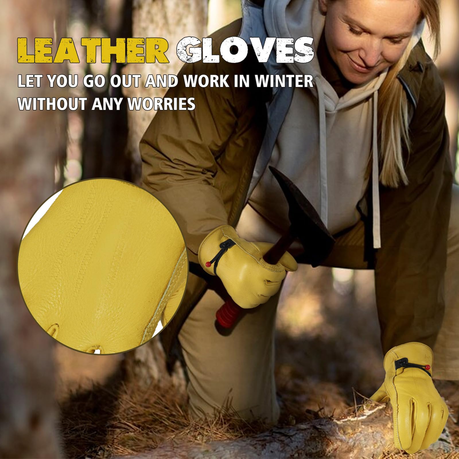 HLDD HANDLANDY Winter Leather Work Gloves, Warm Cowhide Gloves for Cold Weather, Insulated Thermal Winter Gloves