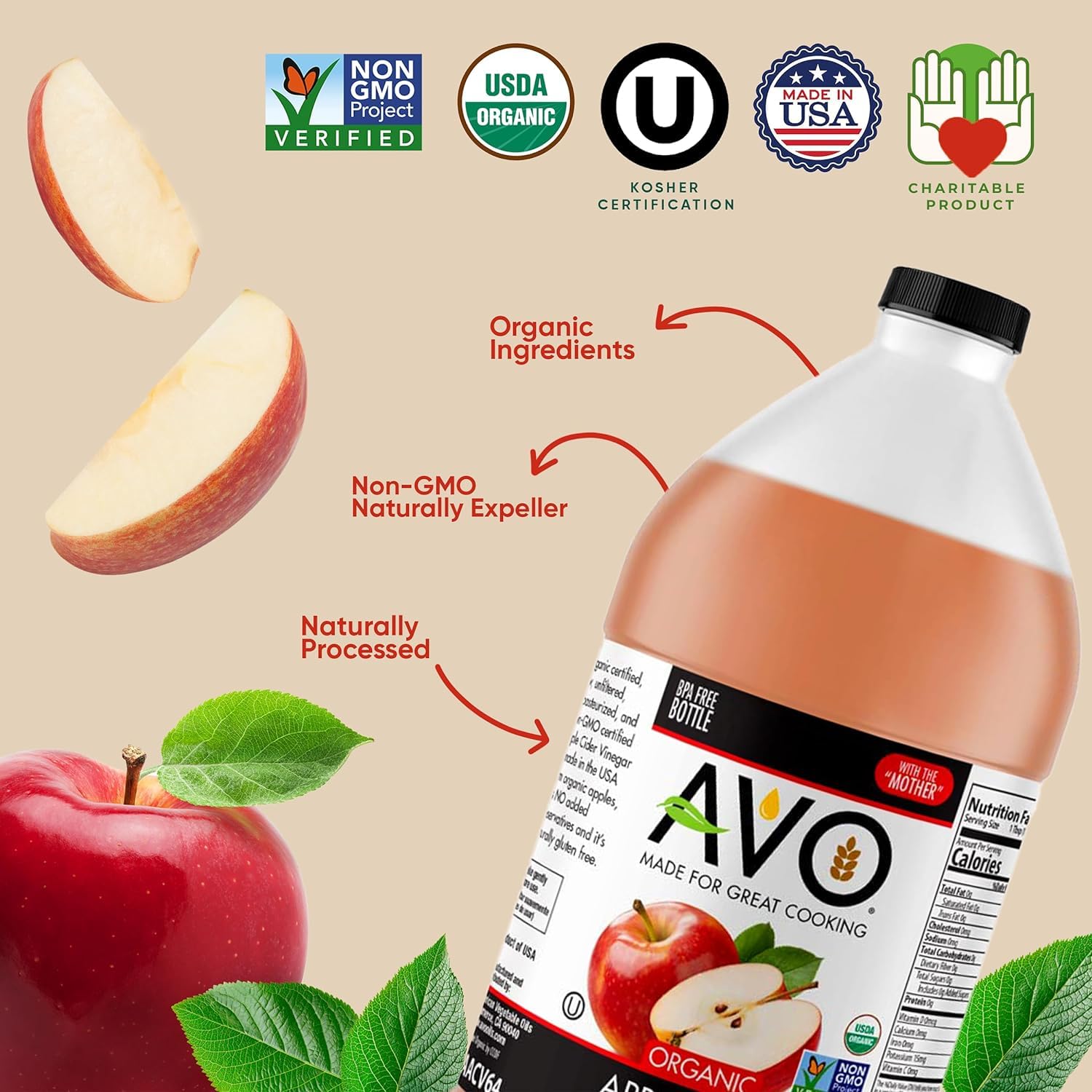 AVO Naturally Processed ORGANIC NON-GMO Apple Cider Vinegar with the Mother – Raw, Unfiltered, Unpasteurized All Natural Ingredients (64 oz)