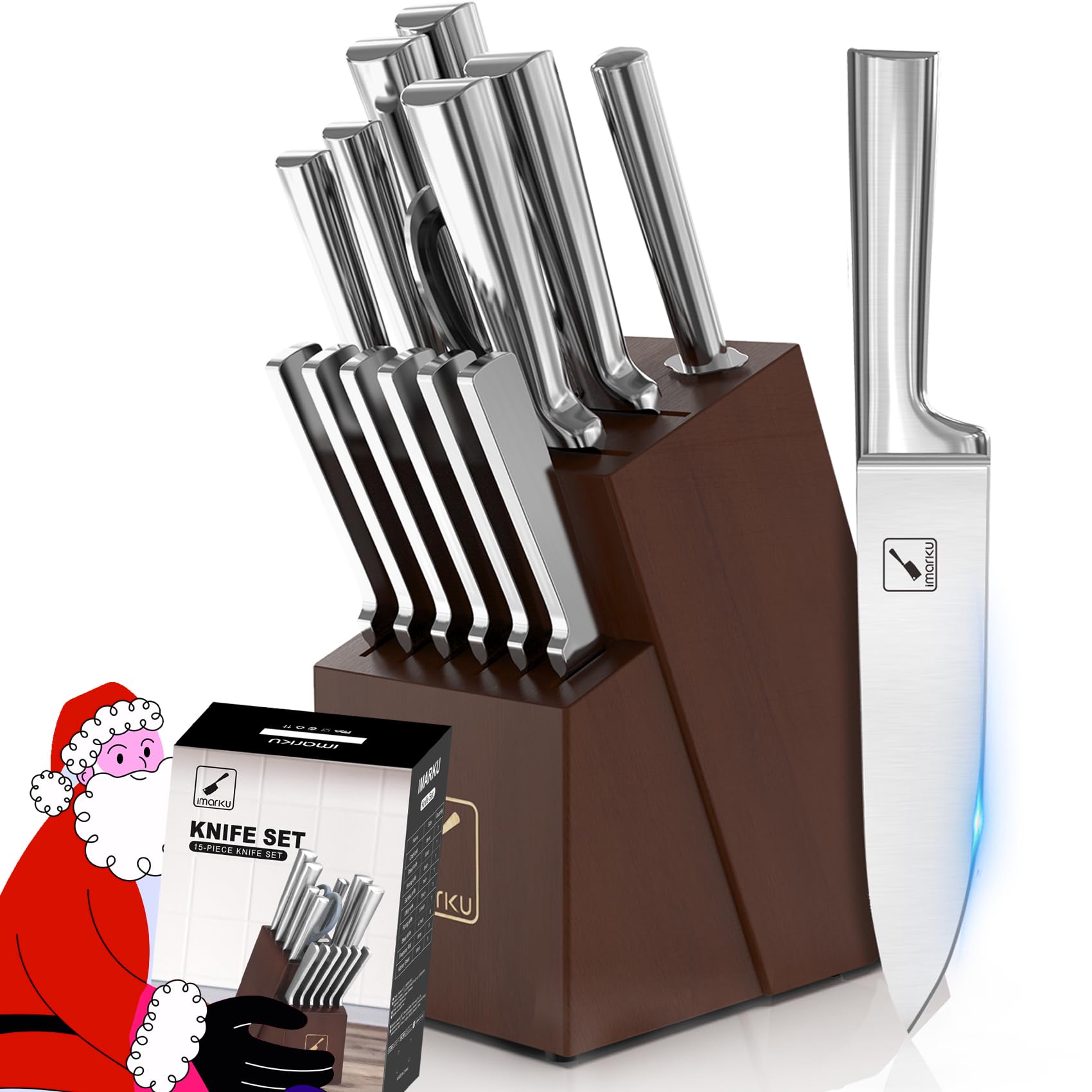 Knife Set - imarku Kitchen Knife Set 15 Piece Japanese Stainless Steel Knife Block Set with Sharpener - Dishwasher Safe Kitchen Knives - Ultra Sharp Chef Knife Set for Kitchen, Silver