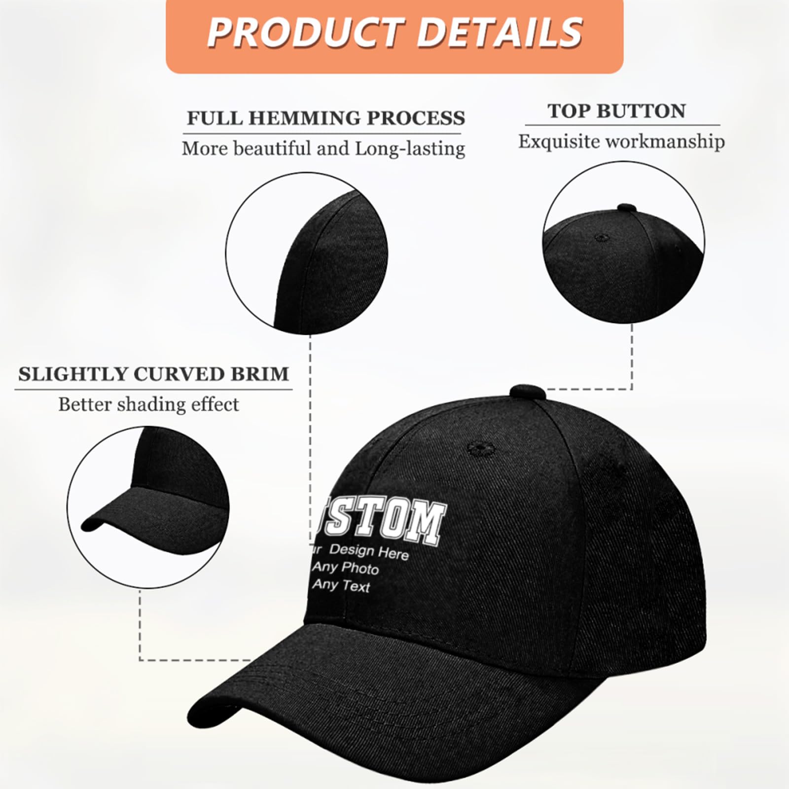 Custom Baseball Cap for Men Women - Personalized Trucker Hat, Design Your Own Logo & Text, Adjustable Sun Hat for Gifts (Black)