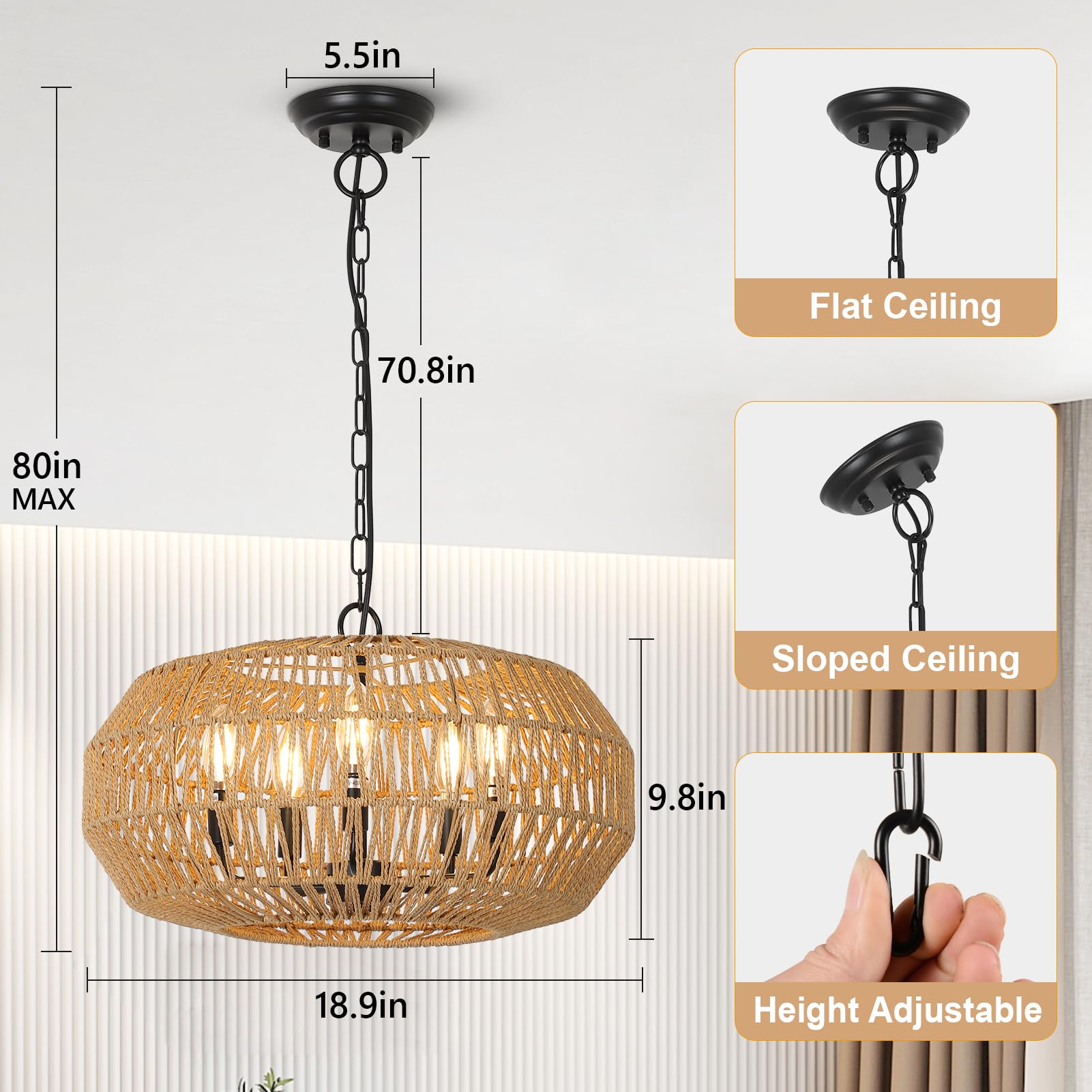 Stepeak Large Farmhouse Chandelier Light Fixtures, 5-Lights Boho Rattan Pendant Lighting with Woven Wicker Shade, Coastal Basket Chandeliers for Dining Room Living Room Kitchen Island Bedroom