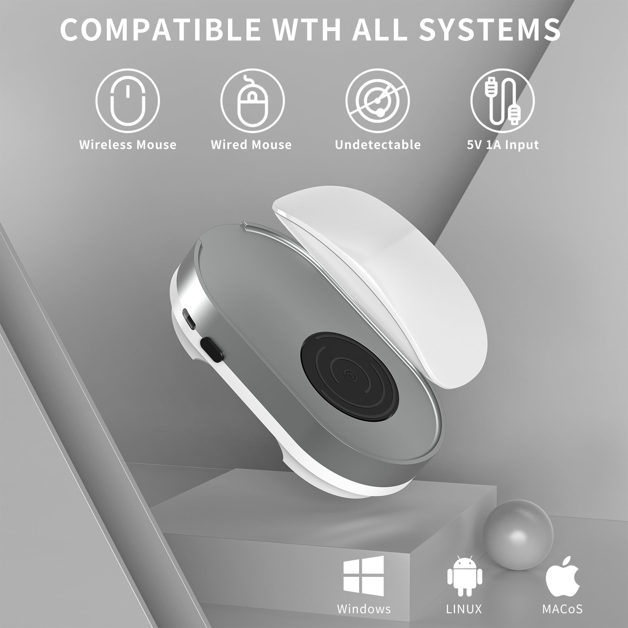 Jerryrun Mouse Jiggler, Undetectable Mouse Mover Device Wiggler Shaker with Drive Free USB Cable and USB Adapter, Physical Automatically Mouse Movement, Keep PC Screen Active, Silver