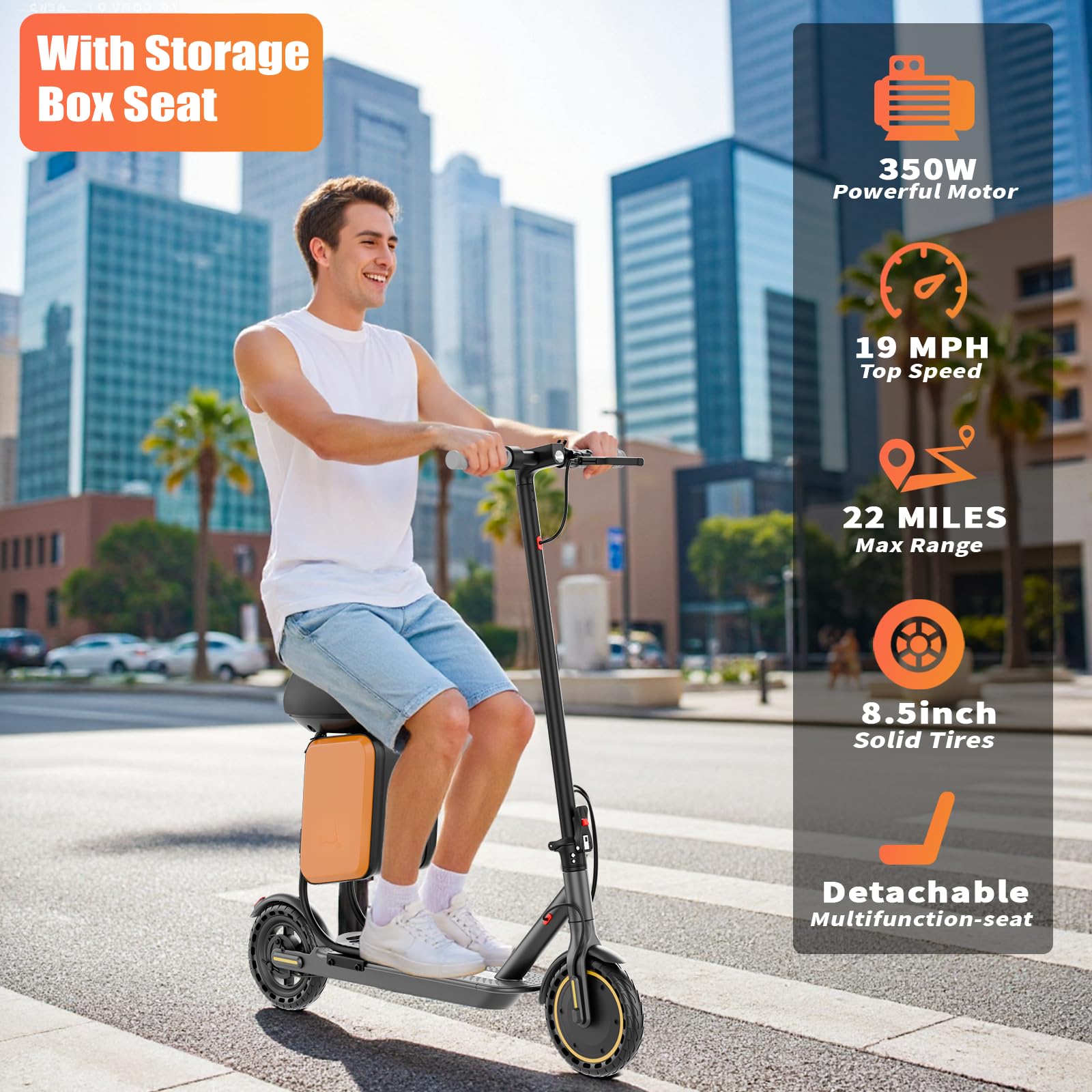 Qlaway 8.5" E Scooter for Adults with Seat 19 MPH 350W Motor 288.6 WH Battery, Motorized Up to 22 Miles Range, Foldable Scooter Bearing 265 LBS/APP Control