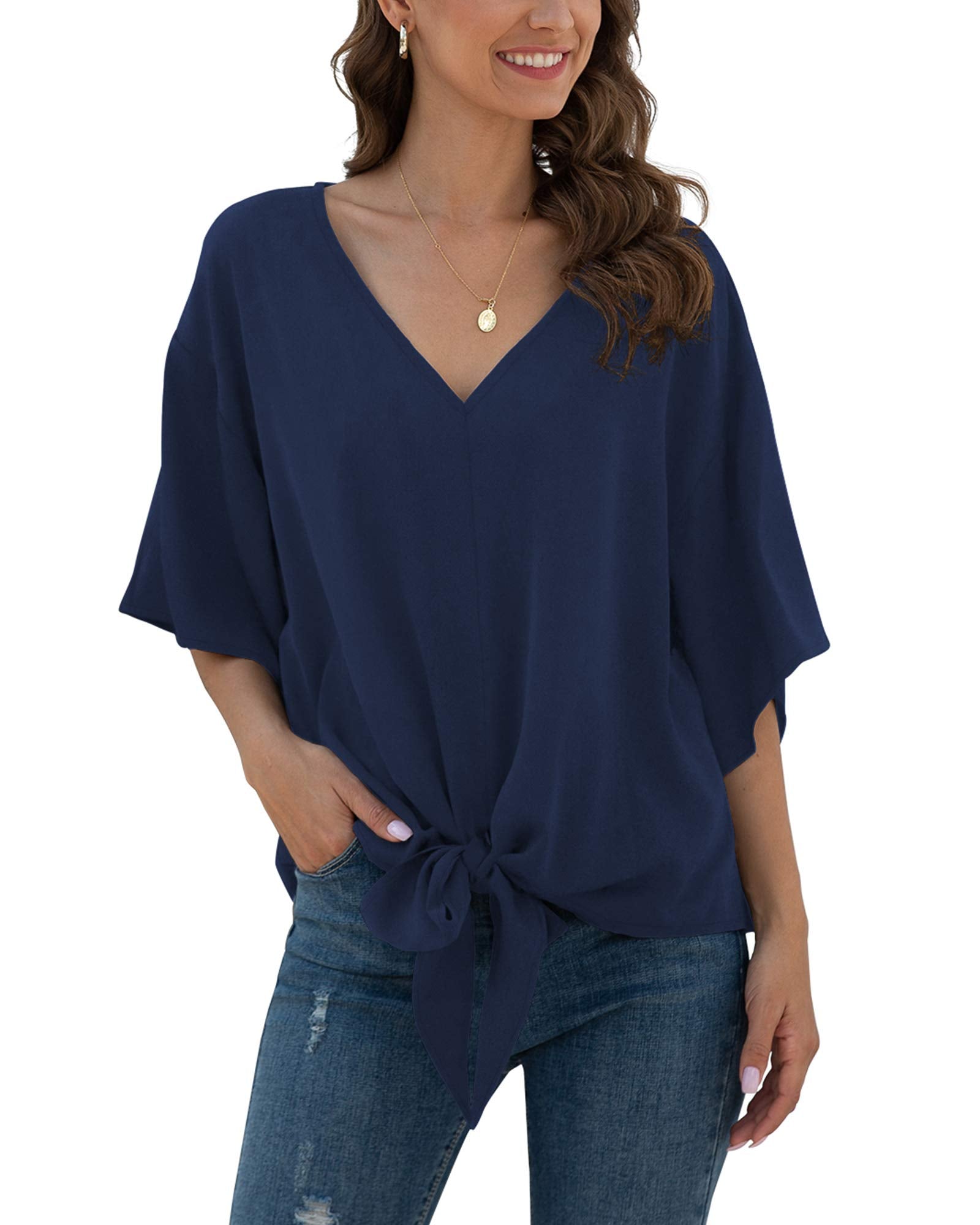 VIISHOW Womens Tie Front Loose Short Sleeve V Neck Blouses Chiffon Tops Summer Shirts(Navy blue,Small)