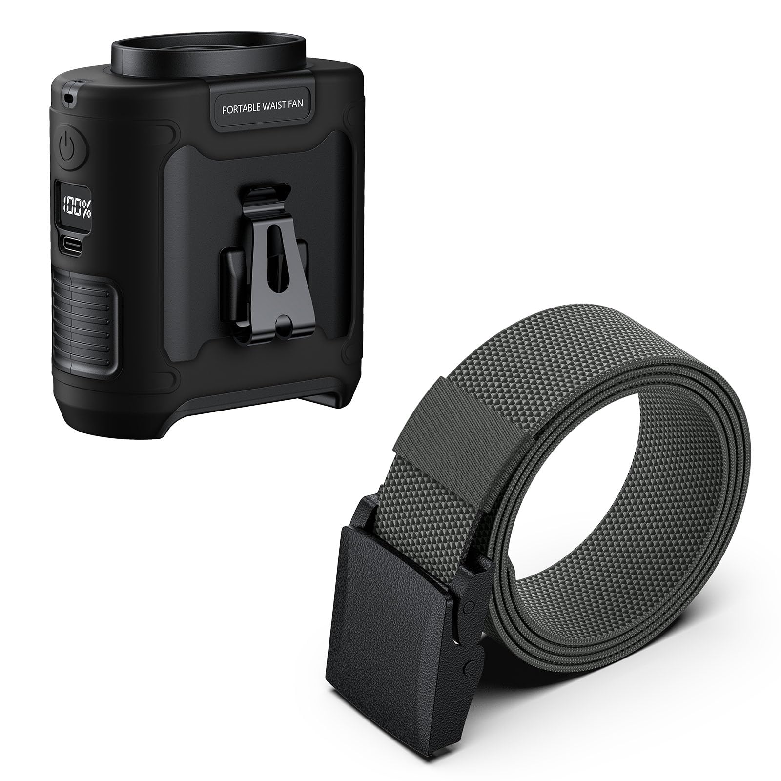 morsisho 1 Pack Black Portable Waist Fan and 1 Pack Grey Tactical Nylon Belt