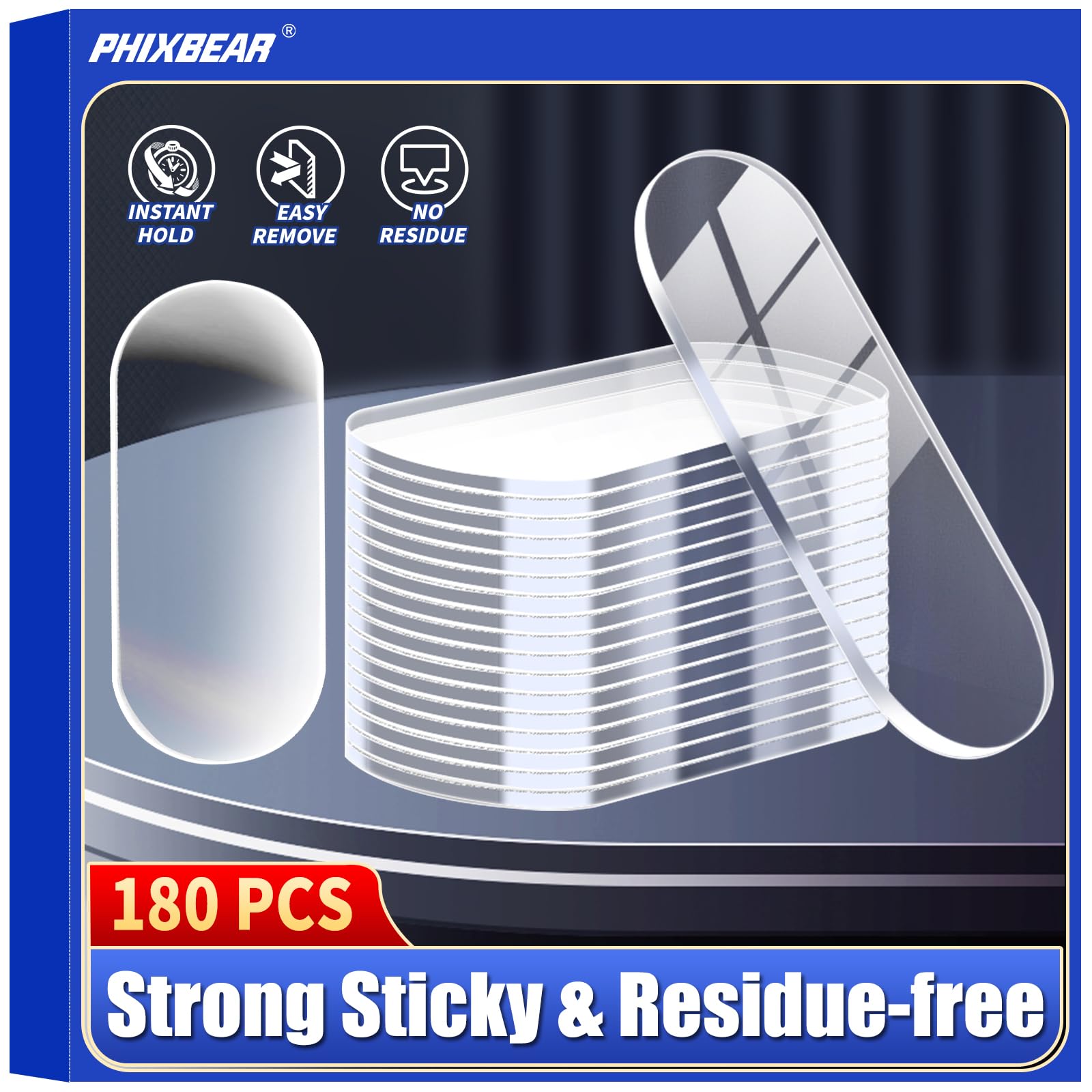 PHIXBEAR Nano Double Sided Adhesive Pads Strong Sticky Dots & Residue-Free, Mounting Tape Heavy Duty Hang Picture Decor Poster Map, Clear Large Dots Tape Removable, 180 Pcs 1.38x0.6 in