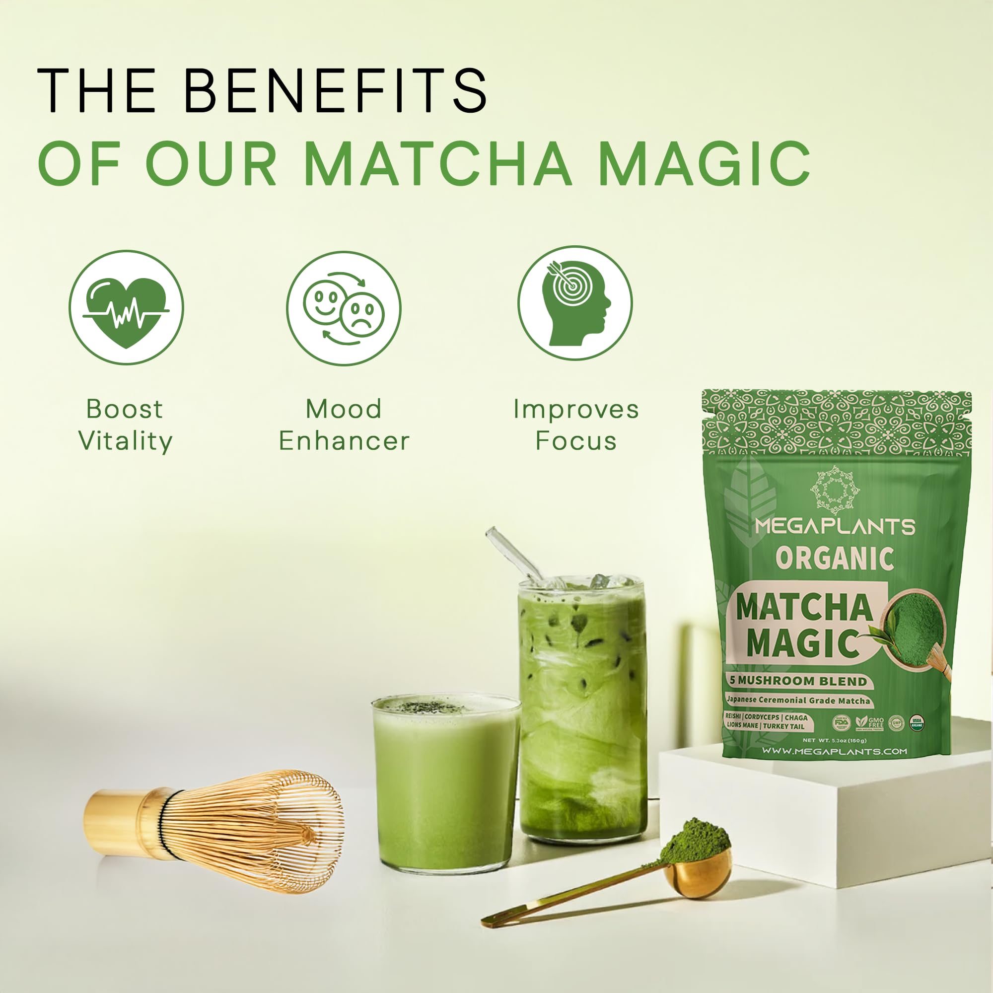 MEGAPLANTS Mushroom Matcha Magic - USDA Organic Ceremonial Grade Japanese Matcha (50 Serving)- with Reishi, Lion’s Mane, Chaga, Cordyceps & Turkey Tail – Superfood for Focus & Energy.