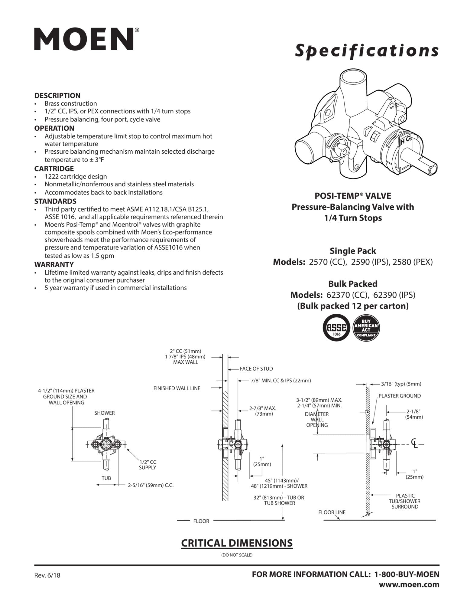 Moen 2580 Posi-Temp Brass Pressure Balancing Shower Valve, 1/2-Inch Crimp Ring PEX Connection