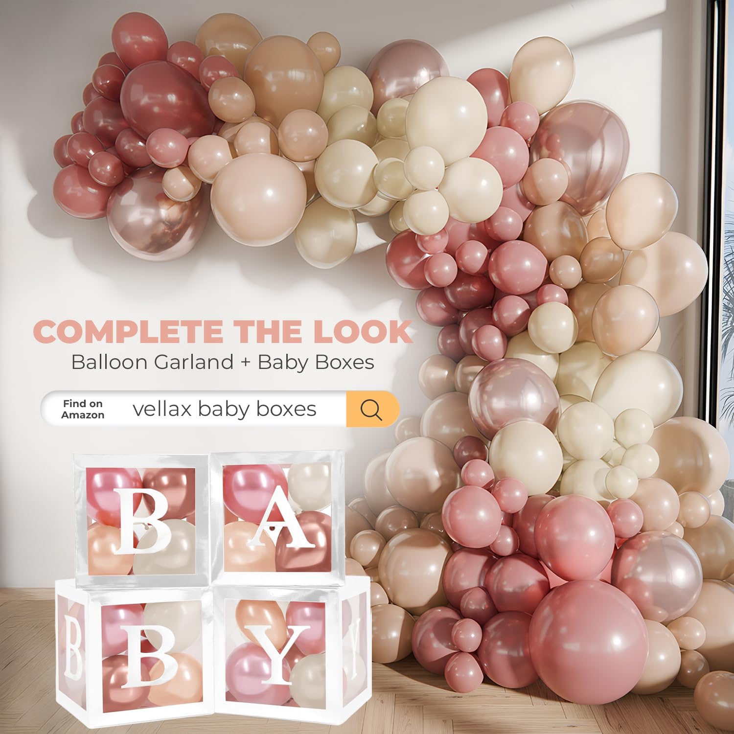 Balloon Garland Arch Kit – 146 Pcs Dusty Pink, White Sand, Nude & Rose Gold Balloons &Baby Shower Boxes with Letters – White Boxes with Rose Gold, Dusty Pink, Sand & White Balloons