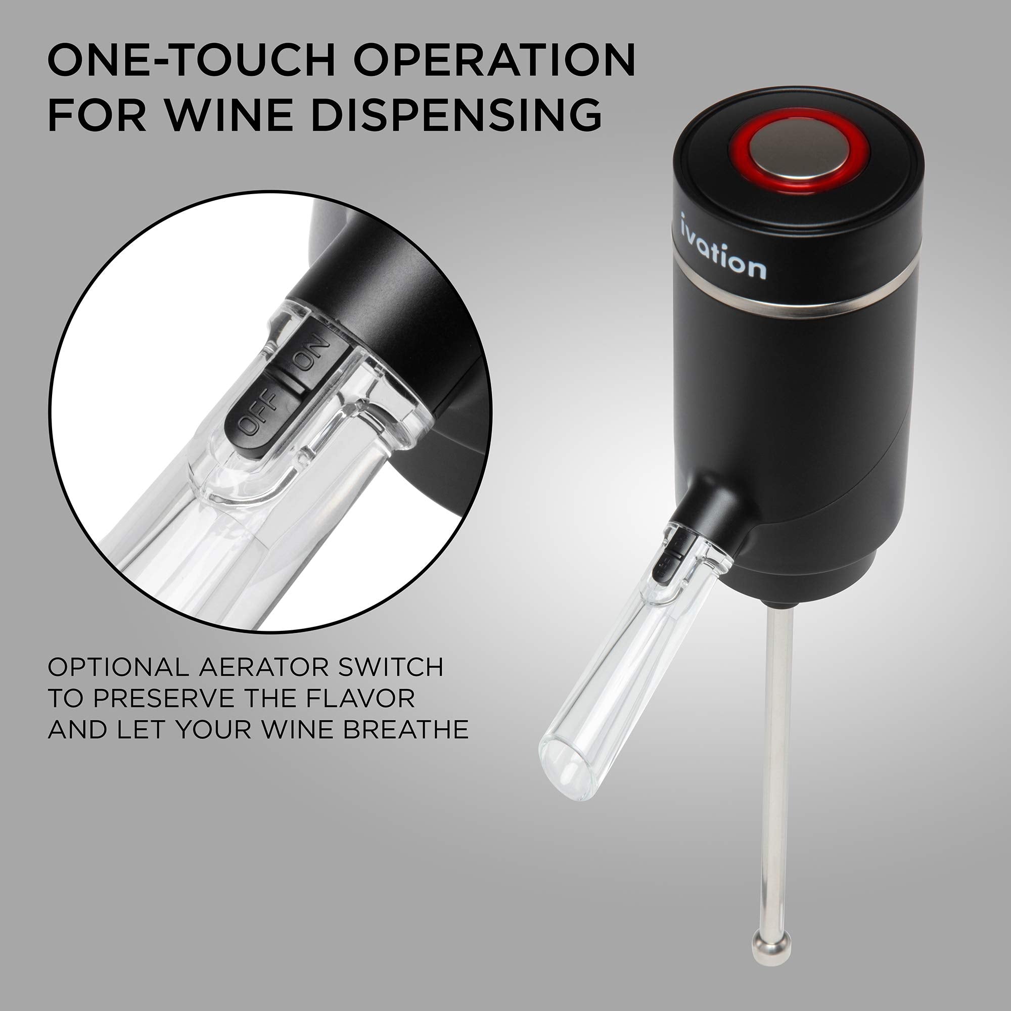 Ivation Electric Wine Aerator and Dispenser | Rechargeable Automatic Wine Pourer with Touch Button Control, Precision Spout, On/Off Aeration, Extension Tube and Micro USB Cable | Just Press to Pour!