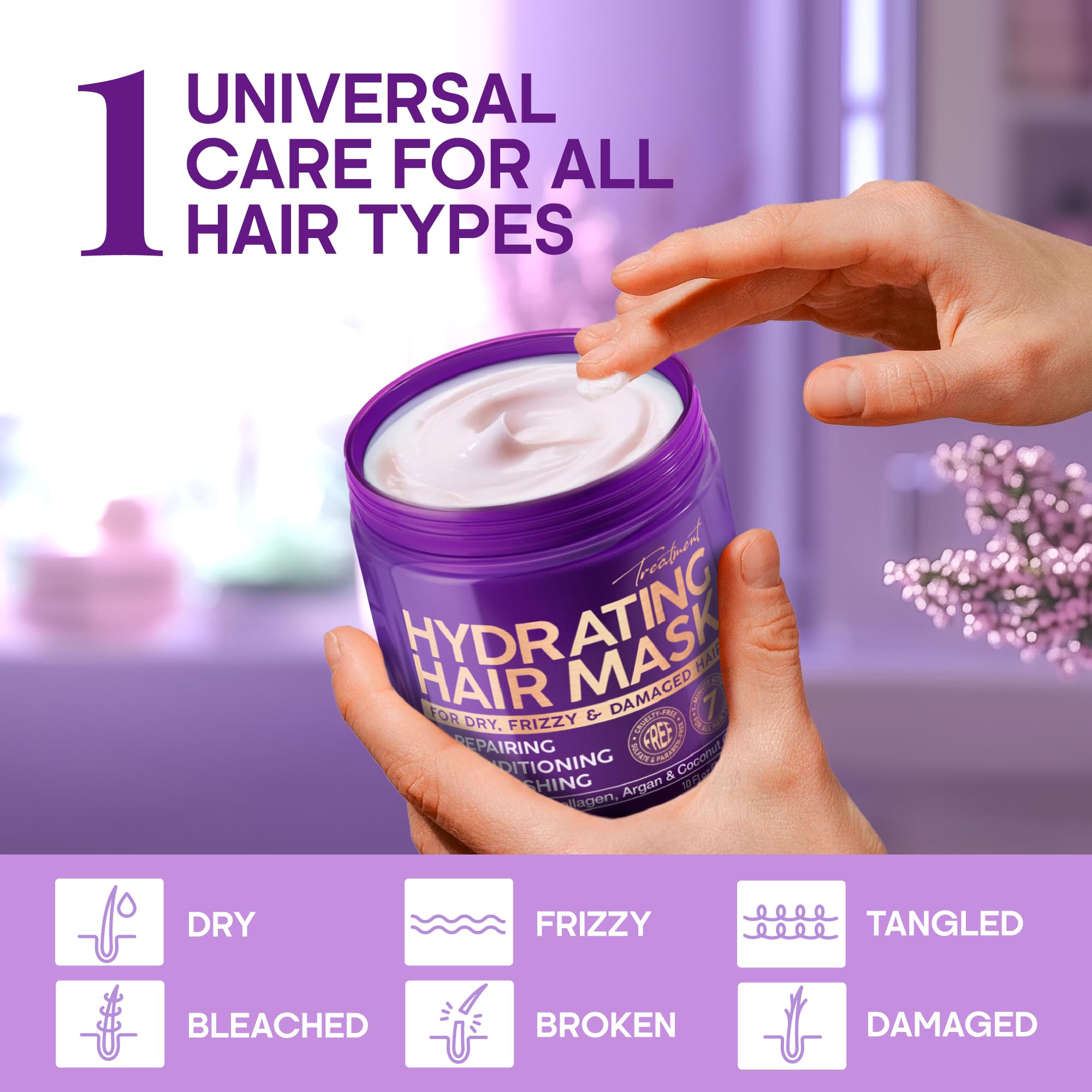 Hydrating Hair Mask for Damaged & Dry Hair – Deep Conditioning Keratin Treatment for Frizzy, Curly & Color-Treated – Anti-Frizz & Split Ends Repair with Collagen, Biotin, Argan & Coconut Oils – 10 oz