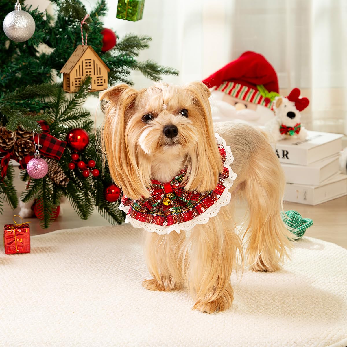 Dog Christmas Outfit – Holiday Dog Bandana with Bells, Plaid Scarf for Small Dogs & Cats, Cute Cat Christmas Outfit for Winter Parties & Photos (L)