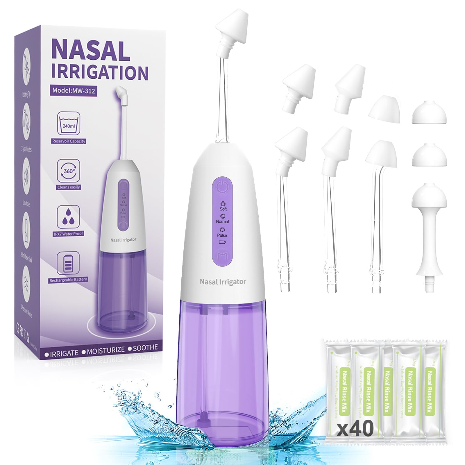 Outstart Nasal Irrigation System - Sinus Rinse Kit Cordless Sinus Cleaner Machine, Electric Neti Pot with 9 Tips and 40 Salt Packs Nasal Rinse Machine 3 Cleaning Mode for Home Travel