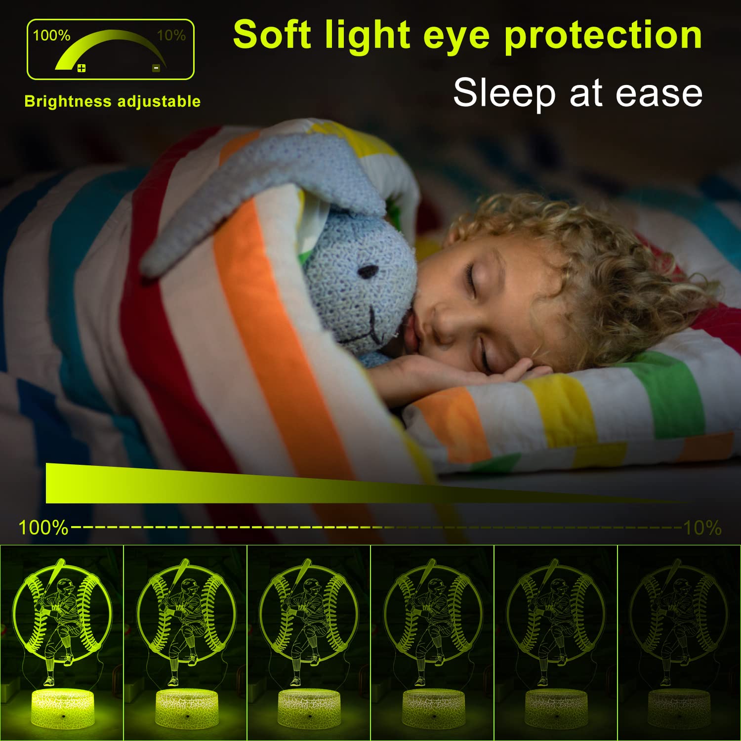 tqyydf Baseball Gift Illusion Night Light for Kids - 16 Colors & Flashing Modes with Remote Control Opreated Dimmable Christmas Birthday Gifts for Boys Girls Kids Children