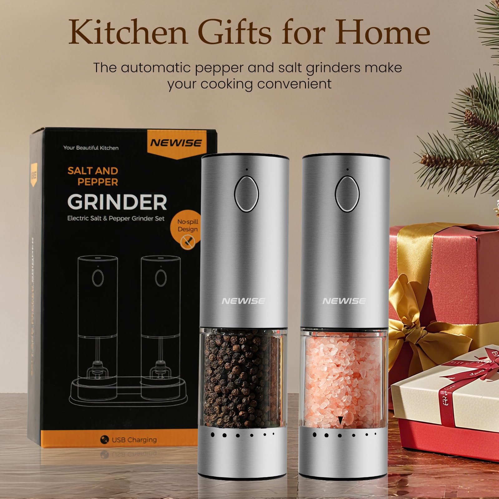 Newise Electric Salt and Pepper Grinder Set - Birthday Kitchen Gifts for Women, Mom, Rechargeable with LED Lights, Stainless Steel Automatic Mill, Adjustable Coarseness, Large Capacity, Silver