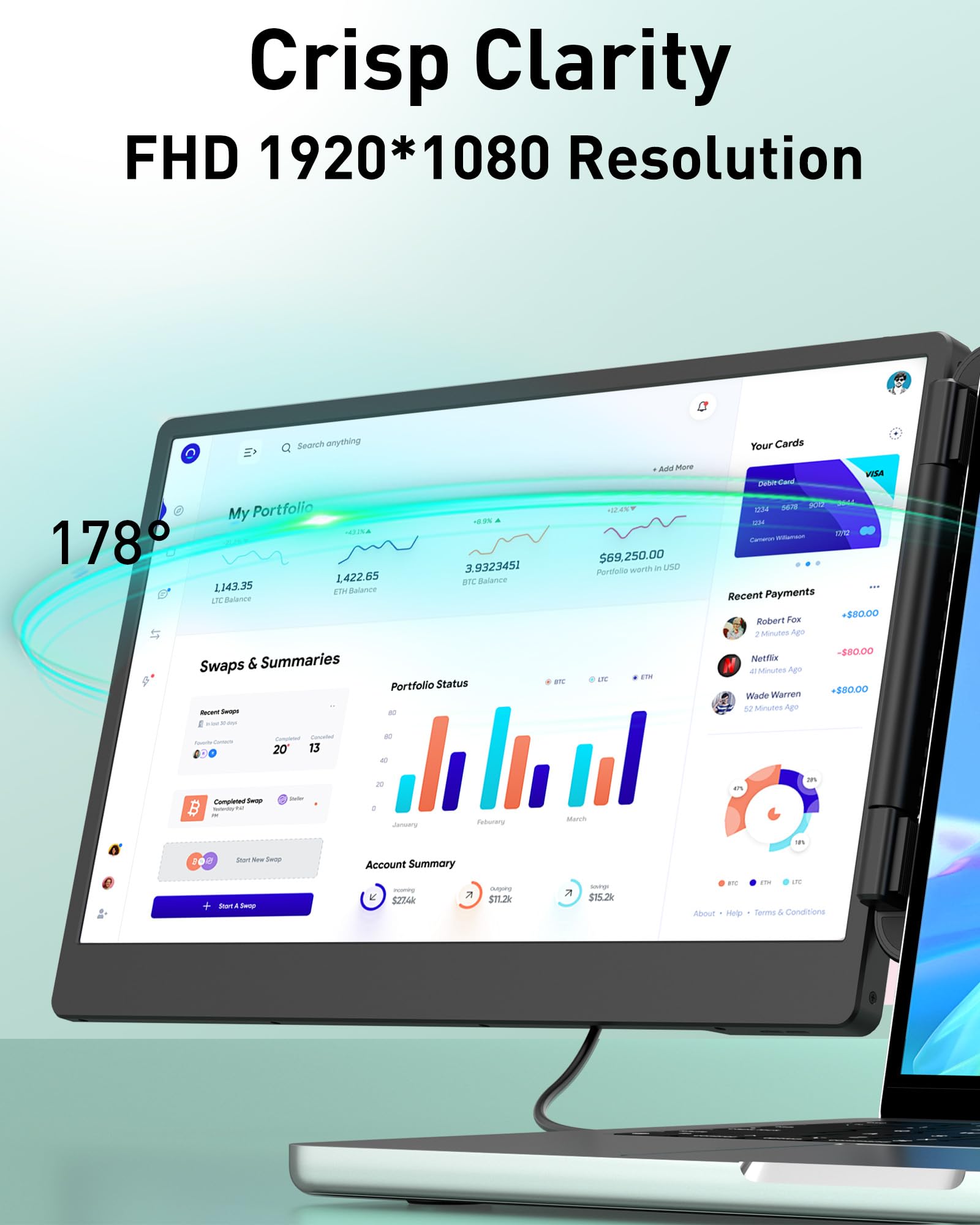 MarsMyth Laptop Screen Extender 14 inch, Full HD Display Laptop Monitor Extender (1920 x 1080), IPS Panel Triple Screen Laptop Monitor Extender, HDMI/USB C Plug and Play Portable Monitor for Laptop