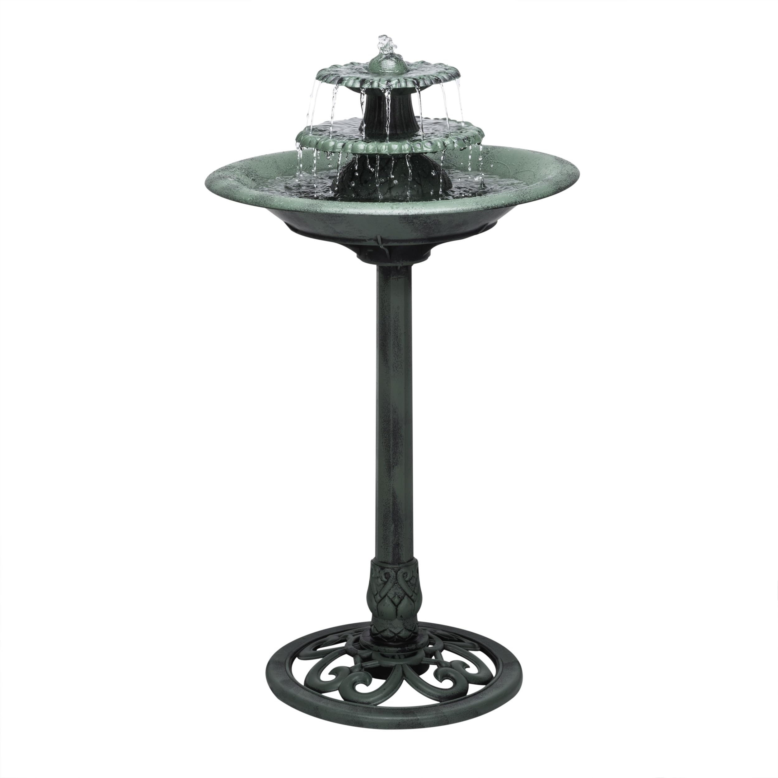 Alpine Corporation - TEC106 Outdoor Floor 3-Tiered Pedestal Water Fountain and Birdbath, Pedestal Waterfall Fountain, 35", Green - Relaxing Water Feature for Garden, Patio, Deck, or Yard