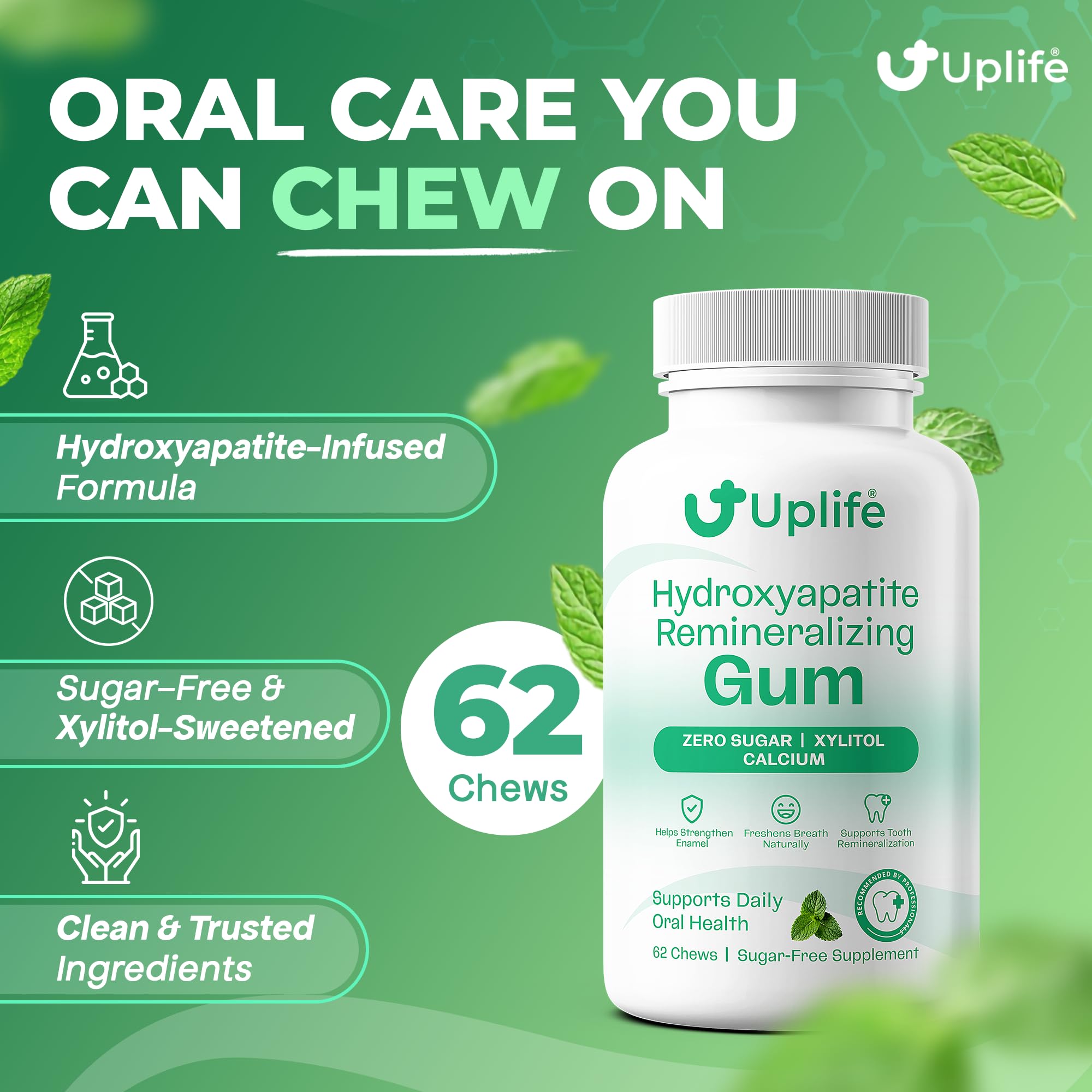 Uplife Hydroxyapatite Remineralizing Gum – Sugar-Free Xylitol Chewing Gum – Supports Daily Oral Health & Fresh Breath – Zero Sugar, Mint Flavor, 62 Pieces