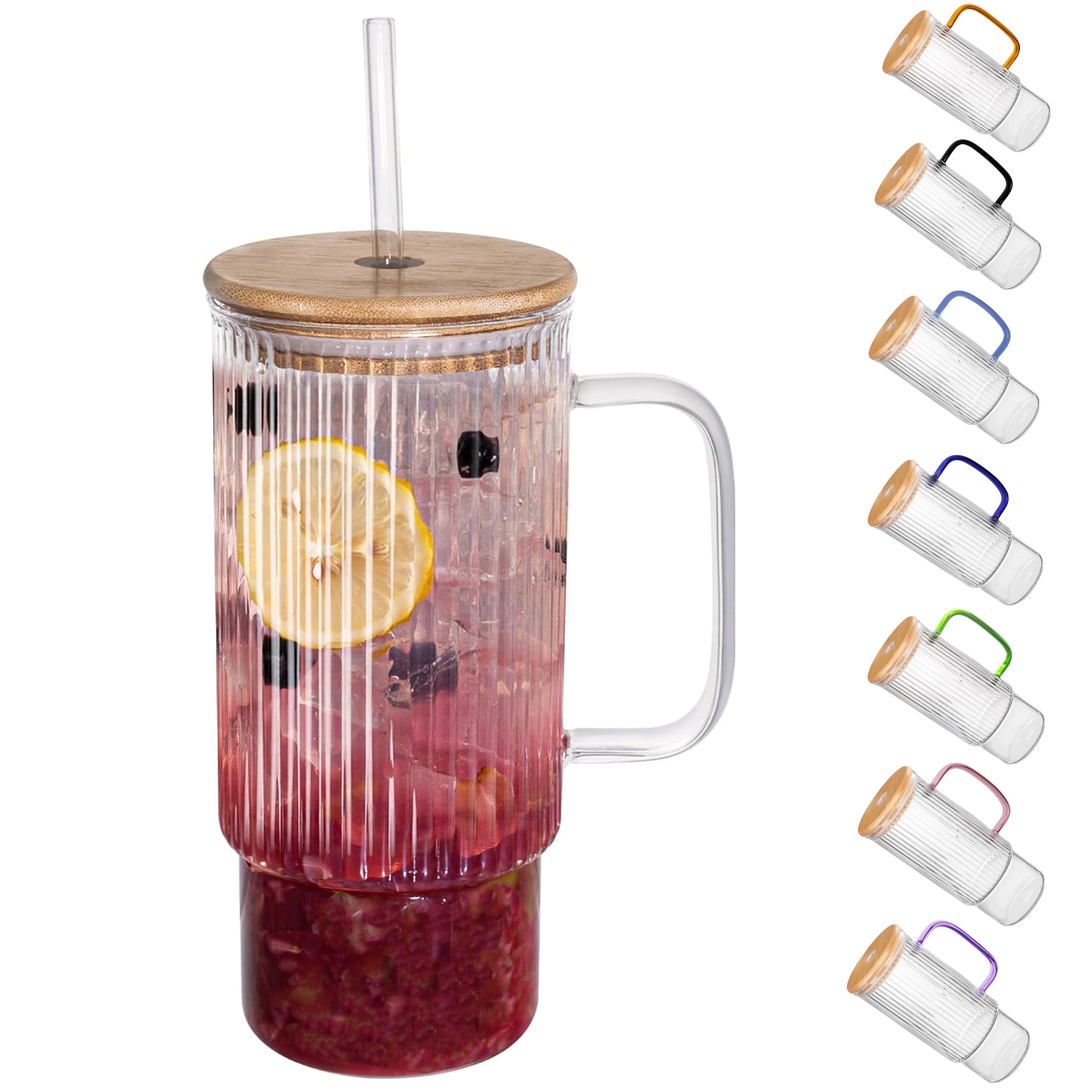 erichbow 32oz Ribbed Glass Cup with Handle Bamboo Lid and Straw, Glass Tumbler, Iced Coffee Cups Hot/Cold Drinks