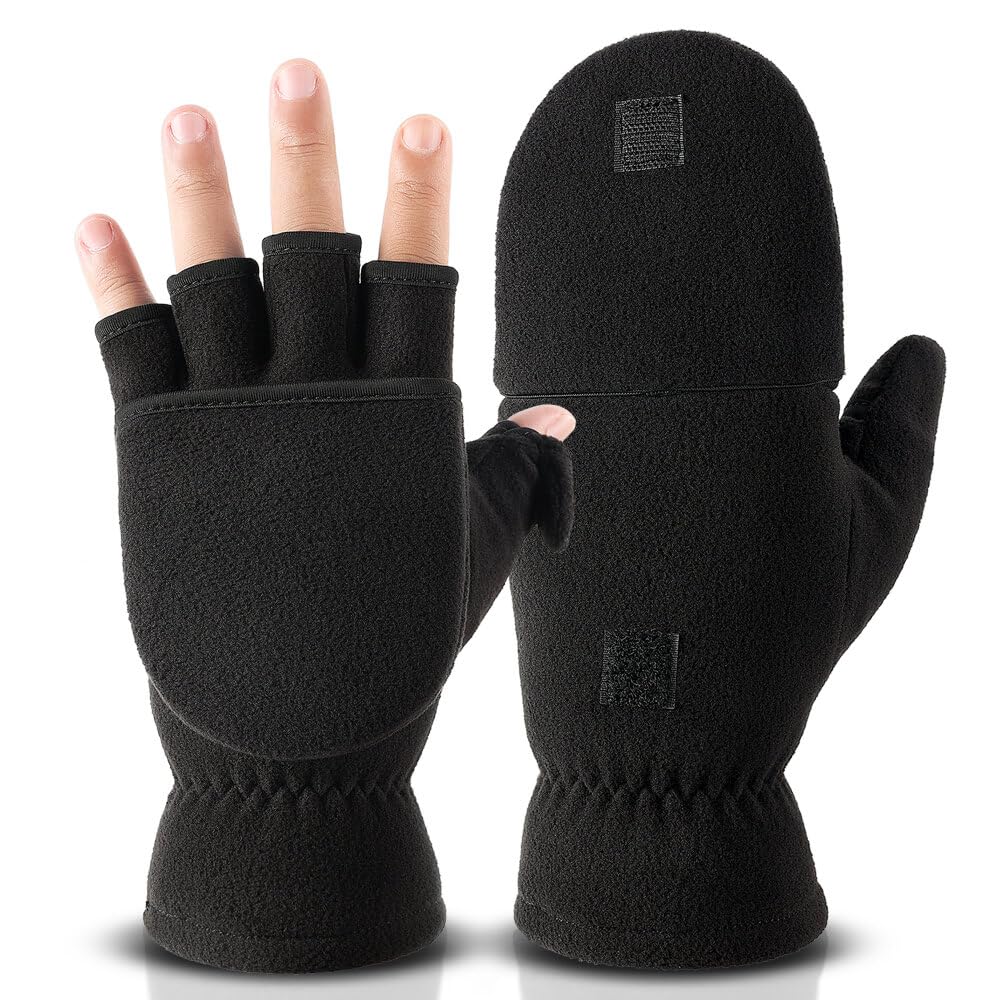 OZERO Winter Gloves for Men Women: Fingerless 3M Convertible Mittens with Flap Warm Thermal Polar Fleece,Touch Screen Work Running Driving Cycling Womens Mens Gloves Winter in Cold Weather(Large)