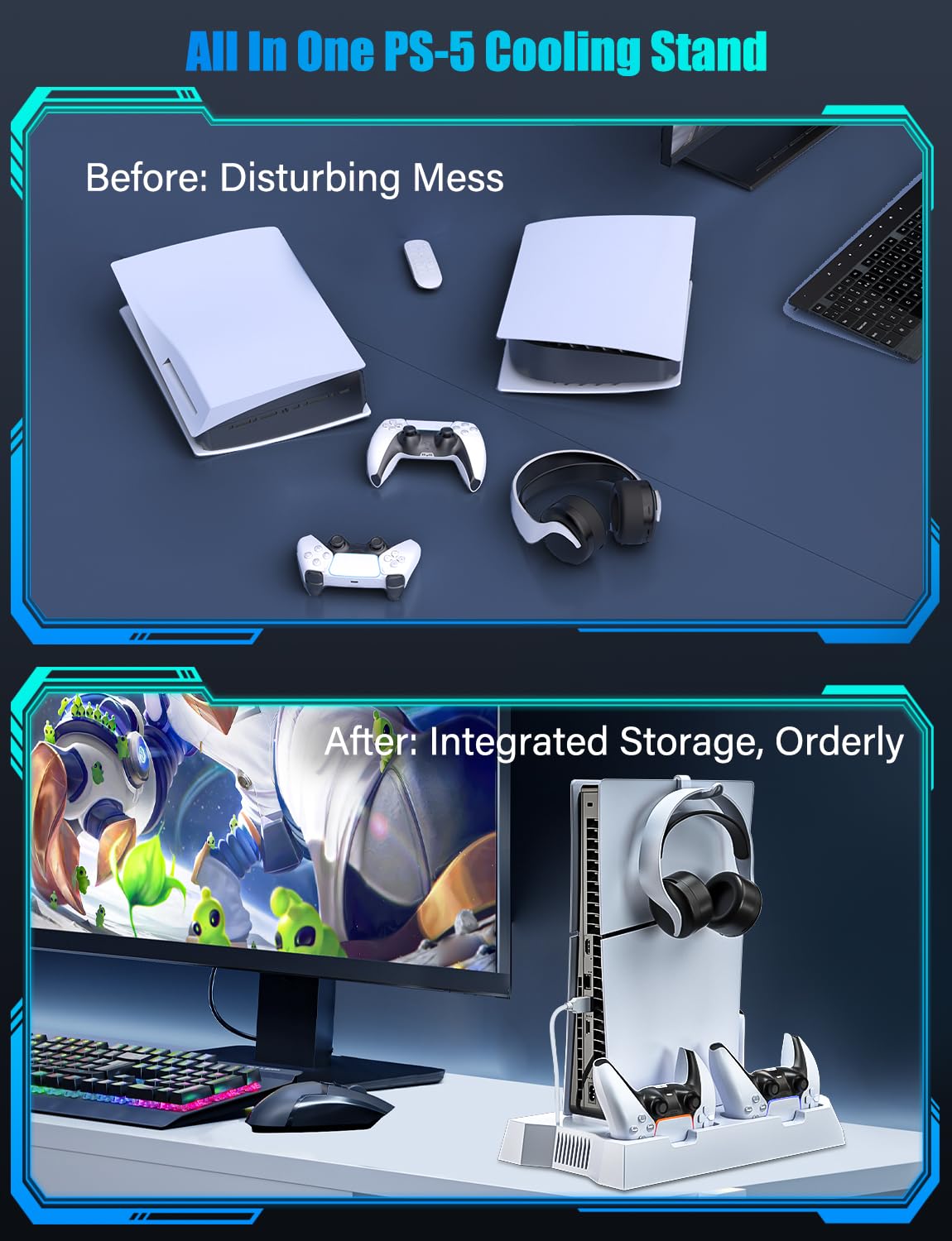 PS5 Slim Stand with Cooling Station for PS5 & PS5 Slim Console Disc/Digital Edition, PlayStation 5 Cooling Station with Dual PS5 Controller Charger, 3 Levels Cooling Fan, 3 USB Hubs, Headset Holder