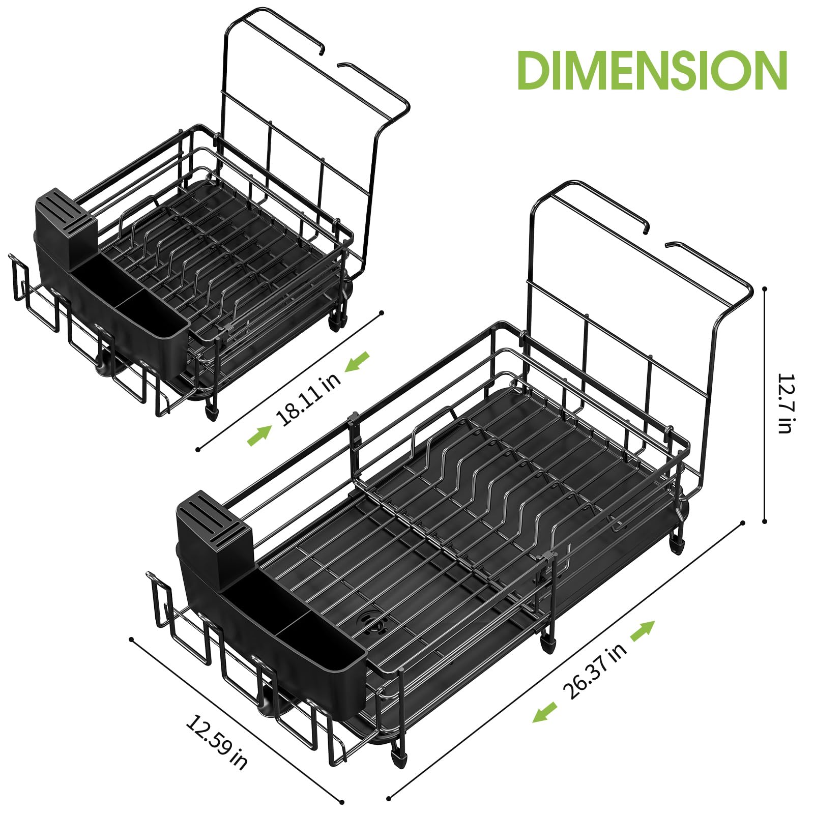 Urackify Expandable Dish Drying Rack for Kitchen Counter, Large Adjustable Dish Rack with Wine Glass and Cutlery Holder, Anti-Rust Dish Drainer with Swivel Drainage Spout