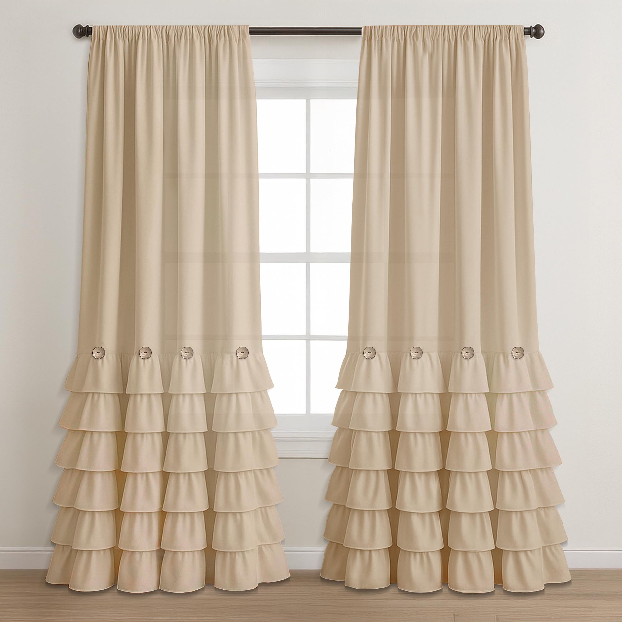 Seasonwood Farmhouse Curtains for Living Room 84 inch Curtains 2 Panels Ruffle Boho Curtain with Button Rustic Rod Pocket Drapes for Room Decor, Beige