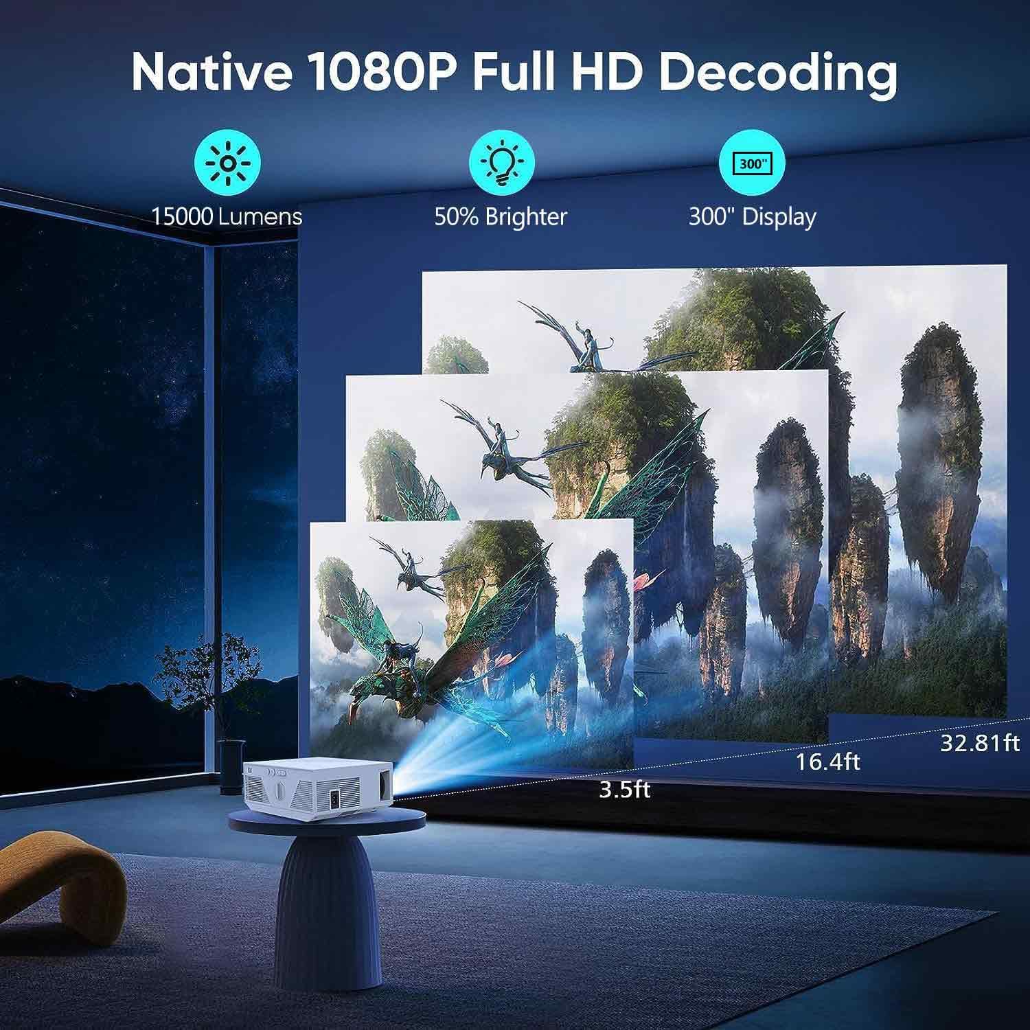 Projector with WIFI and Bluetooth, 15000L Portable Outdoor Movie Projector Compatible with Android/iOS/Windows/TV Stick/HDMI/USB